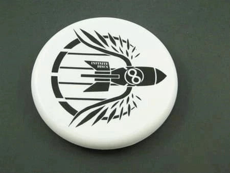 White disc with black rocket and wing design.