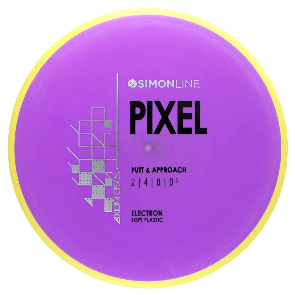 Purple and yellow disc golf disc labeled Pixel.