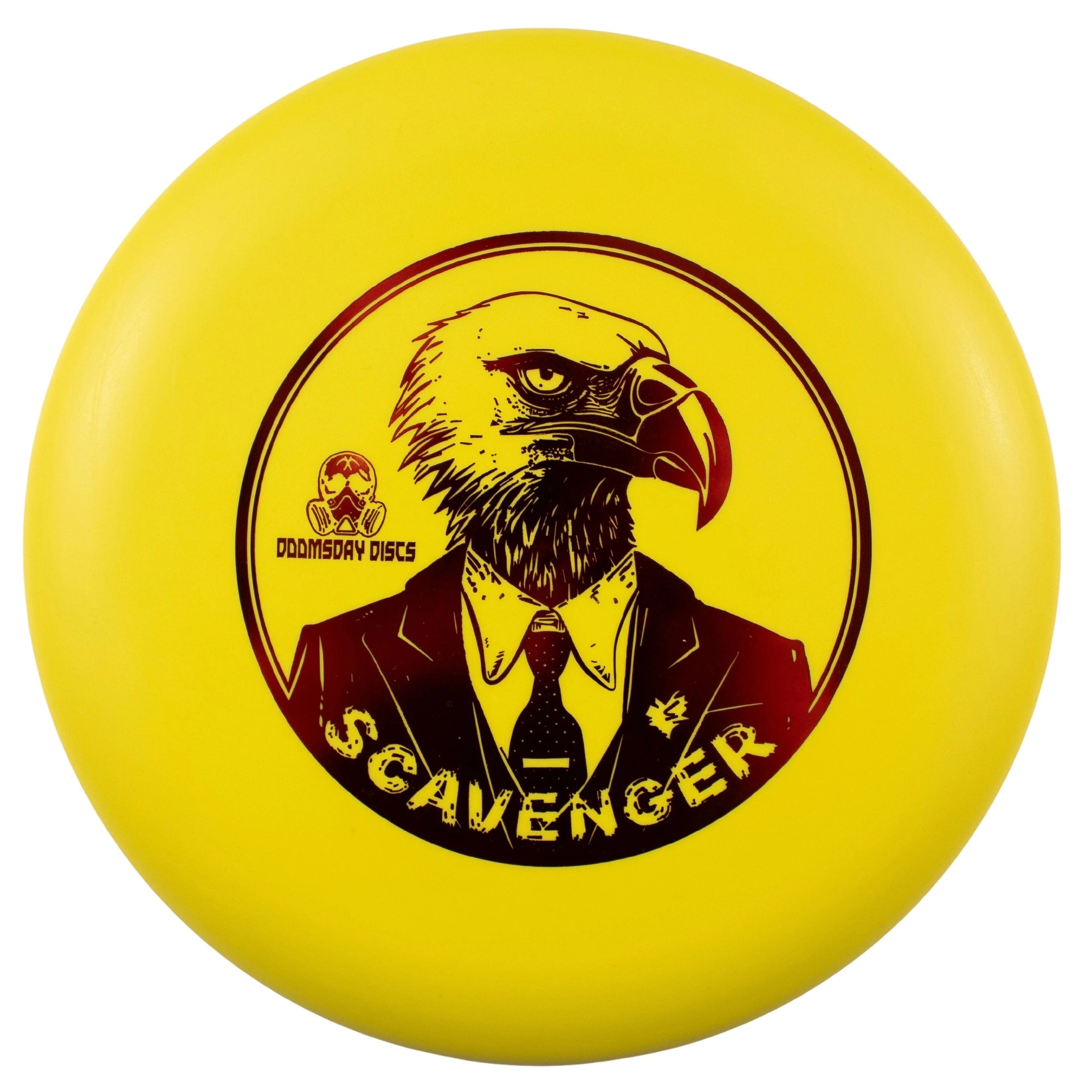 Yellow disc with eagle in suit graphic.