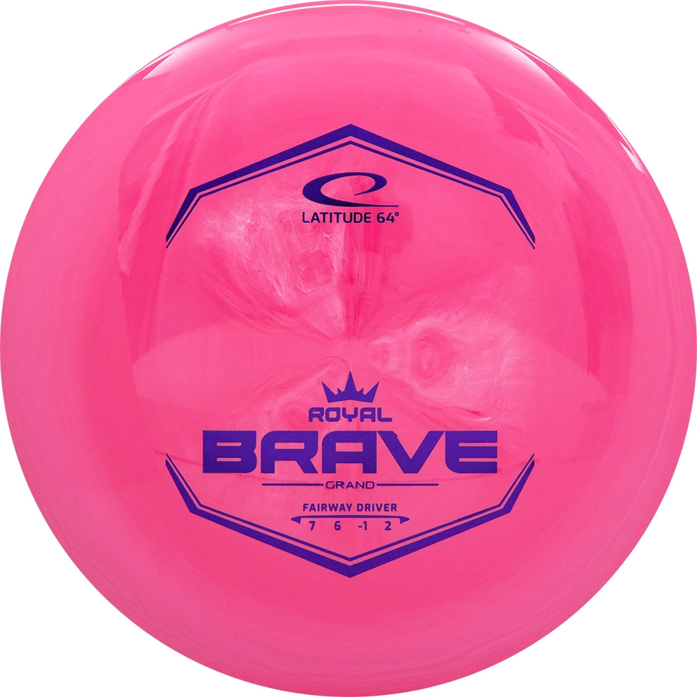 Pink disc golf disc with text.