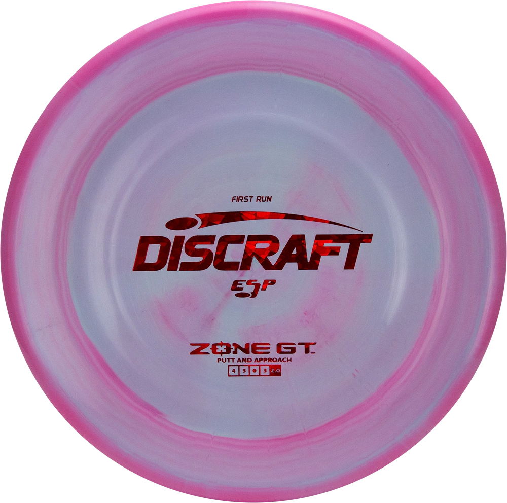 Pink and white Discraft Zone GT disc golf disc.