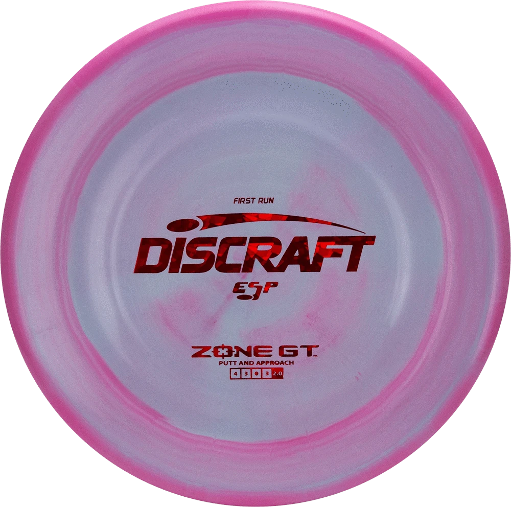 Pink and white Discraft Zone GT disc golf disc.