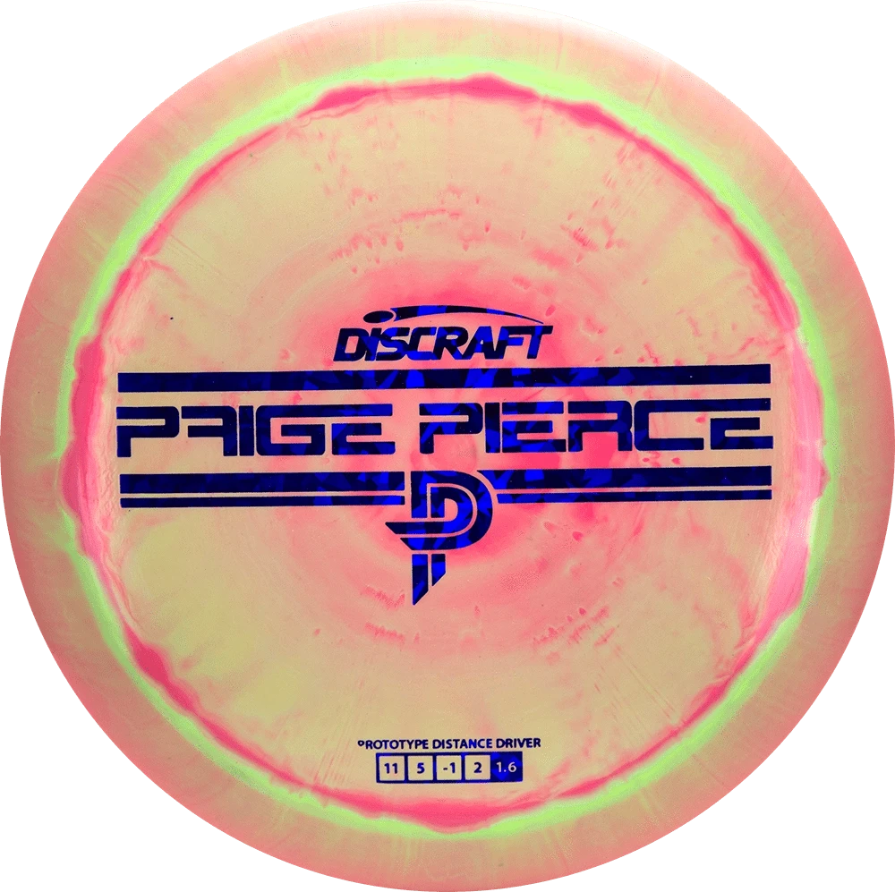 Pink and yellow disc golf disc with text.