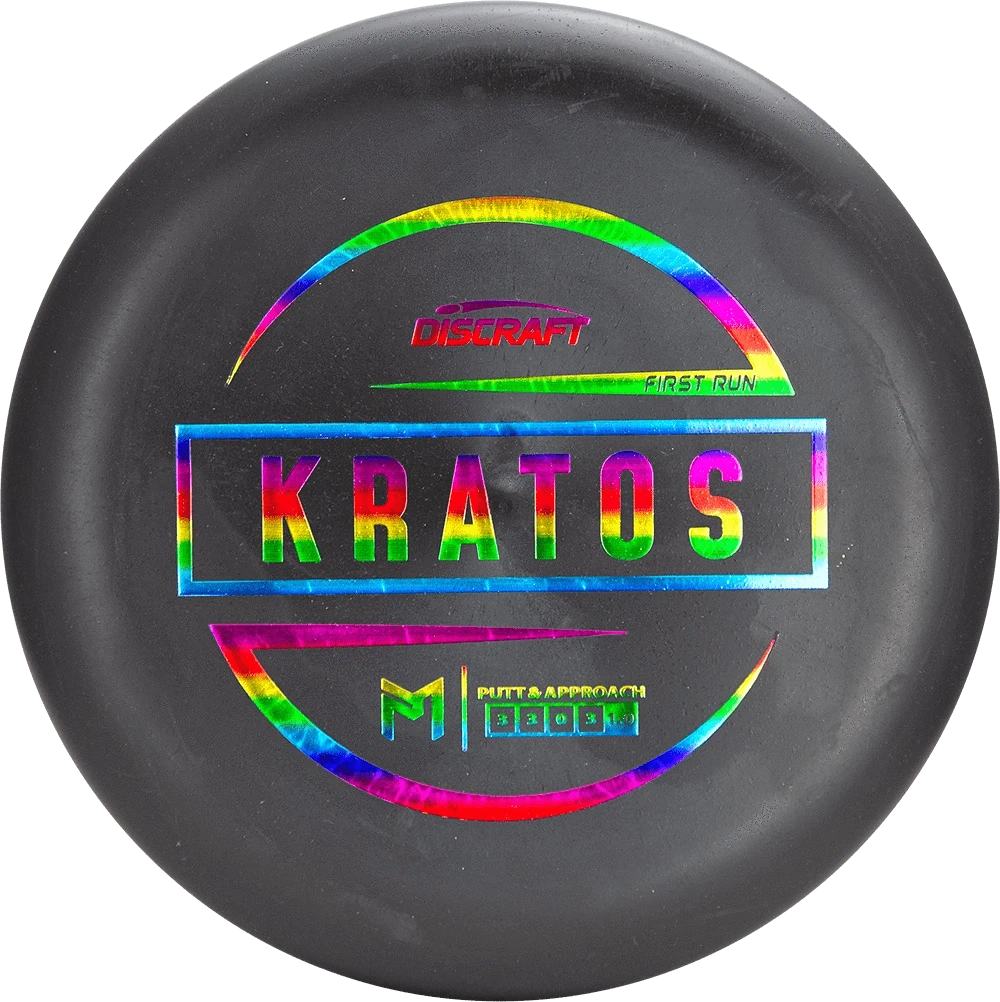 Black disc with rainbow KRATOS text.