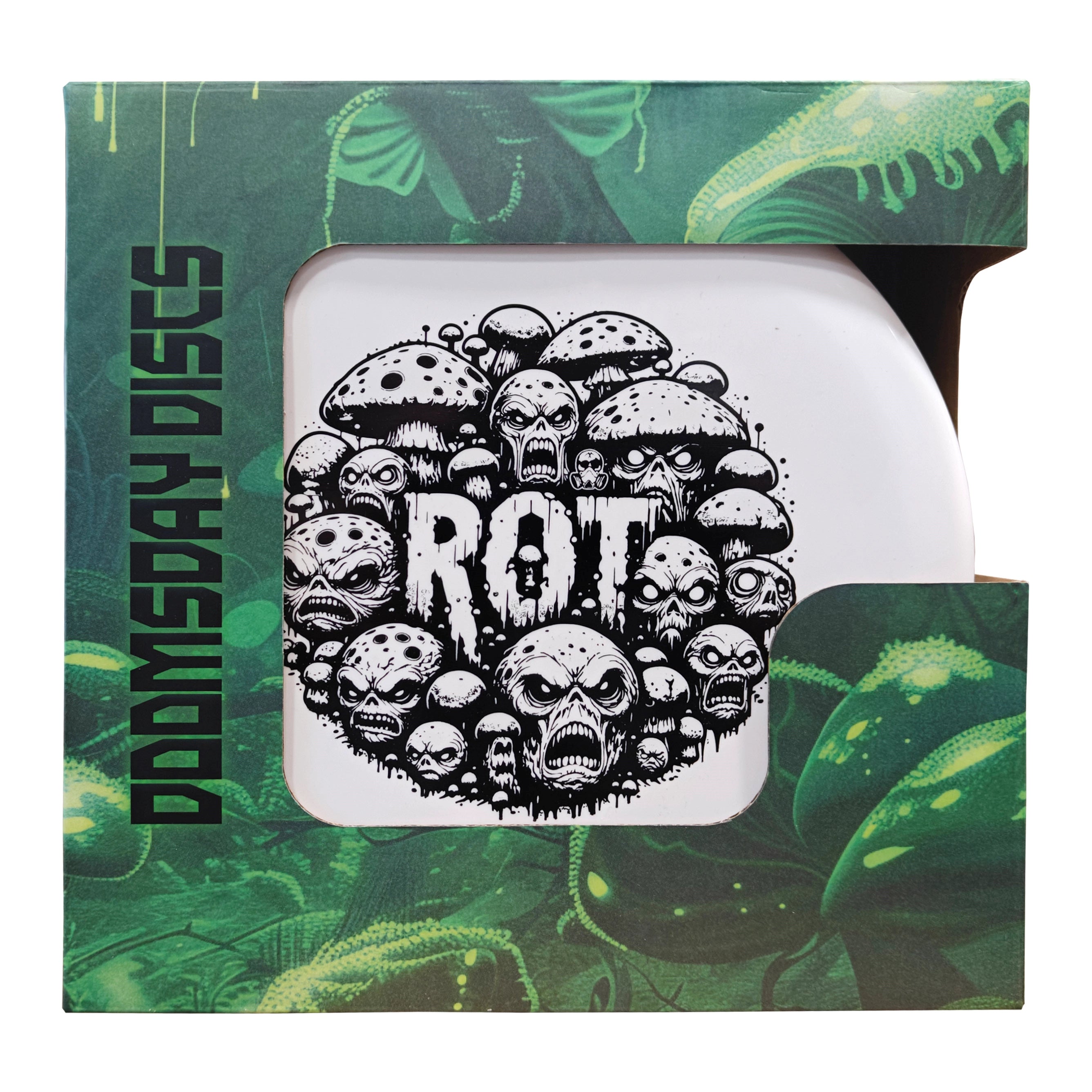 Disc golf disc in box with skull graphic.