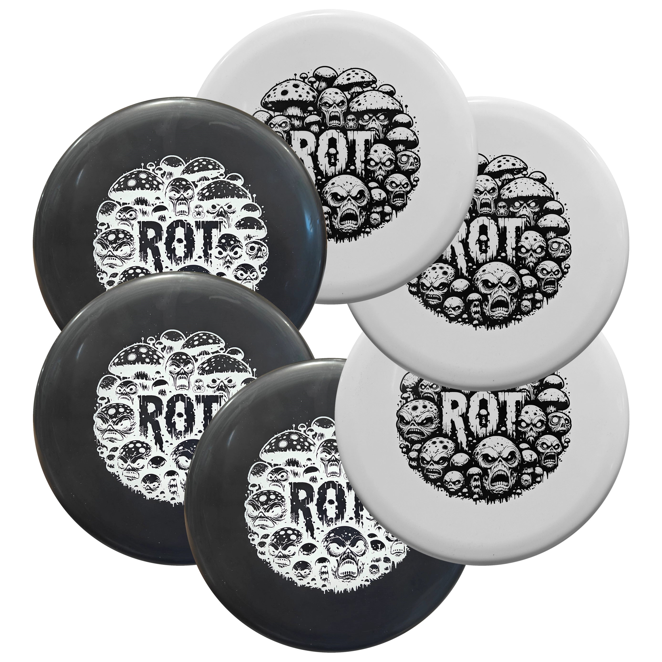 Black and white frisbees with a mushroom and skull design.