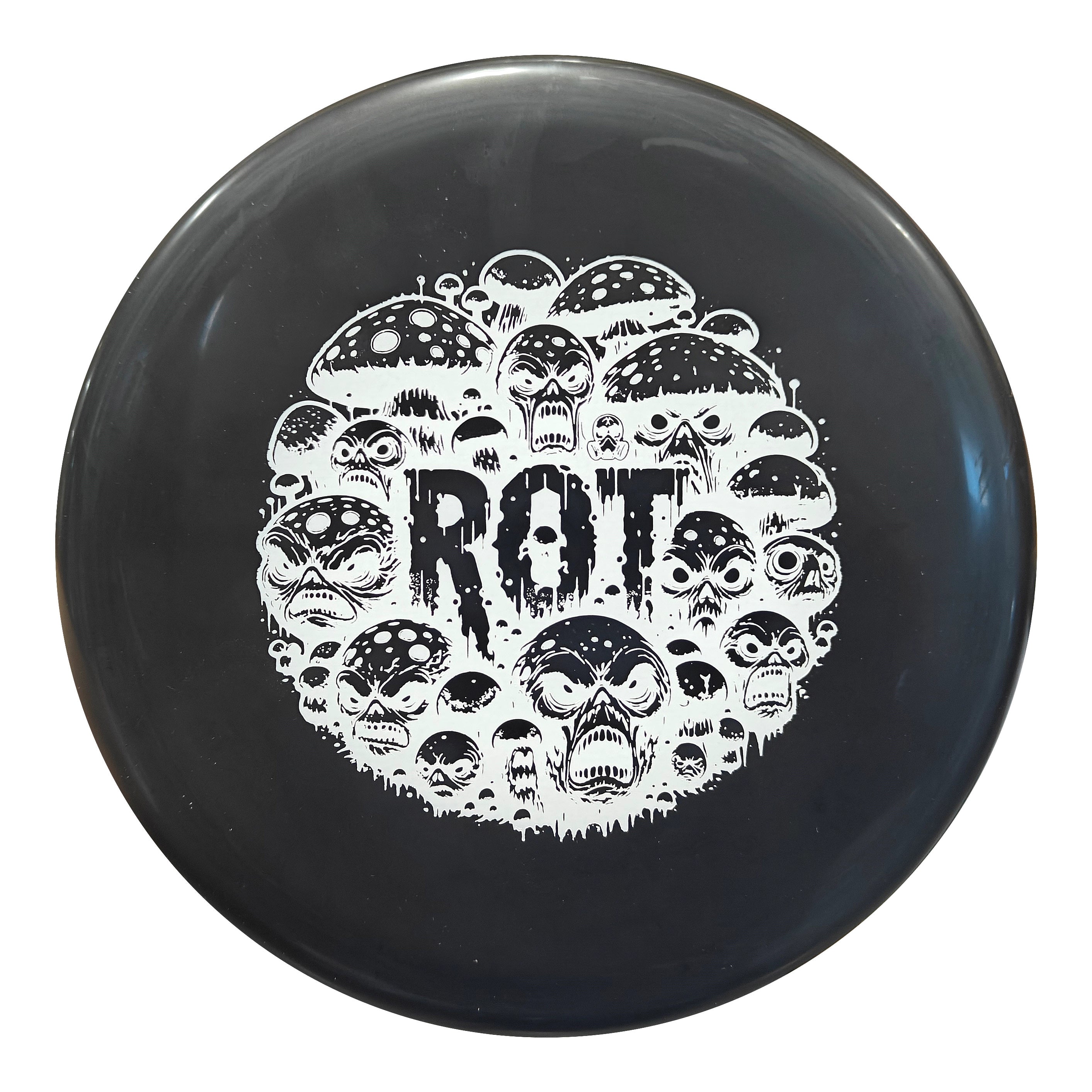 Black disc with skull graphic.