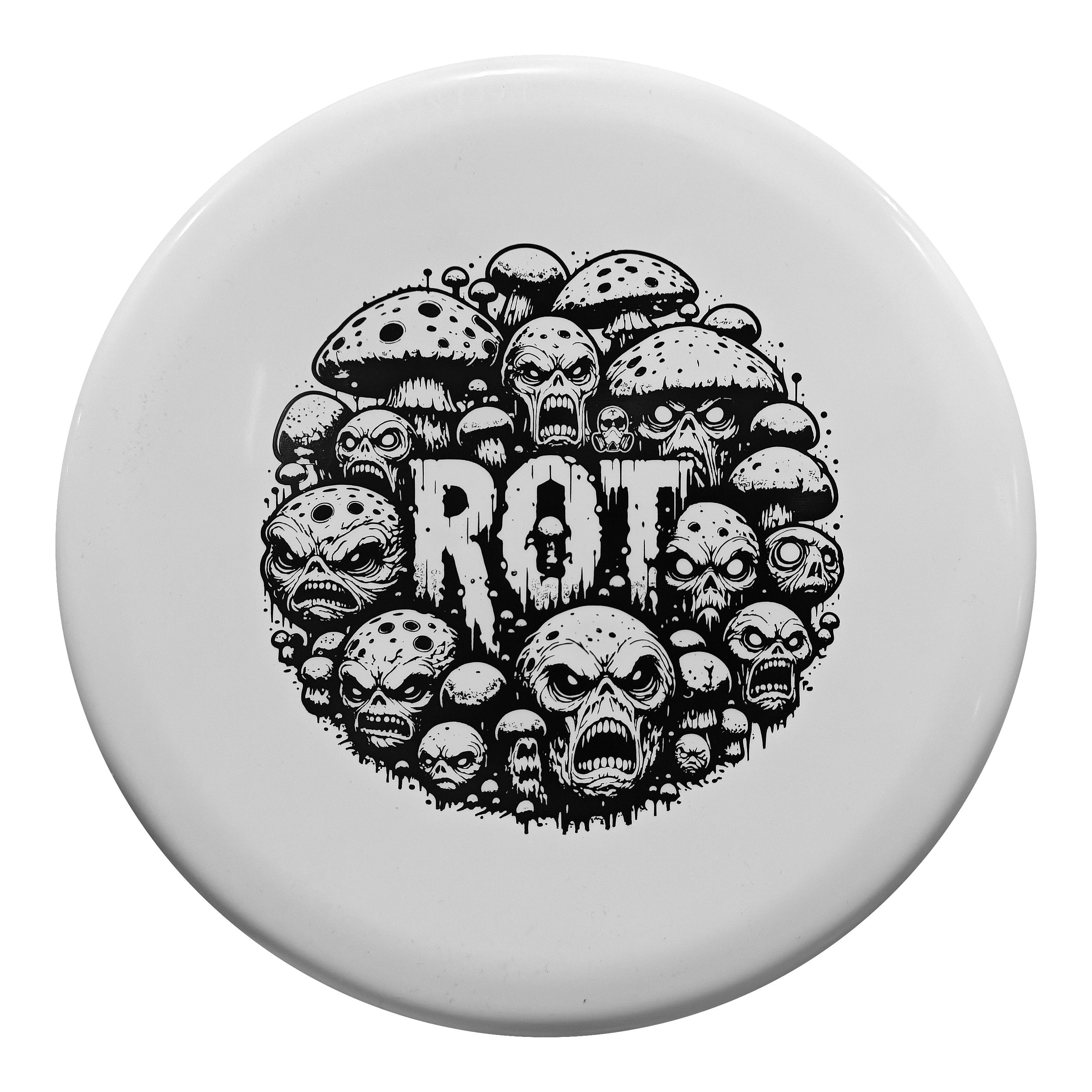 White disc with graphic of skulls and mushrooms.
