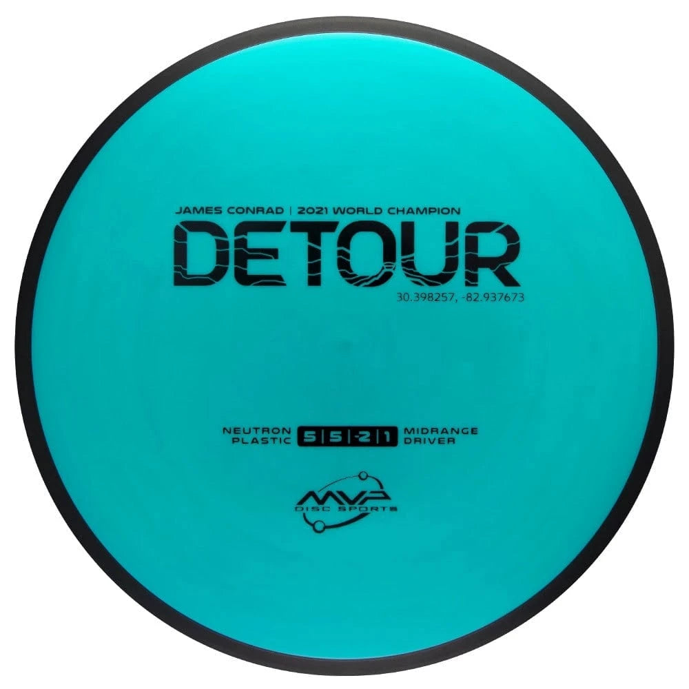 Turquoise disc with black rim and text.