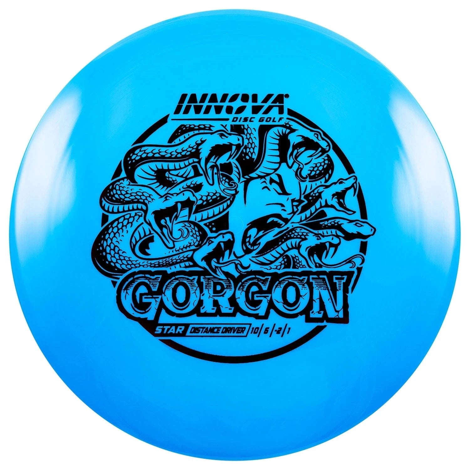 Blue Innova Gorgon disc golf disc.