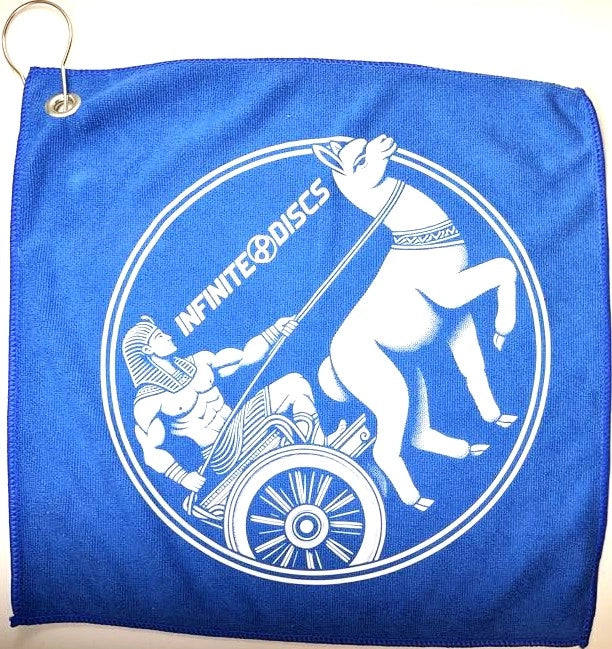 Blue towel with chariot and pig design.