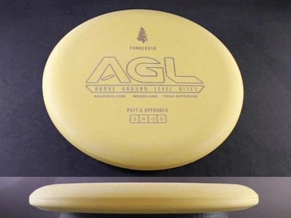 Yellow disc golf disc with printed text.