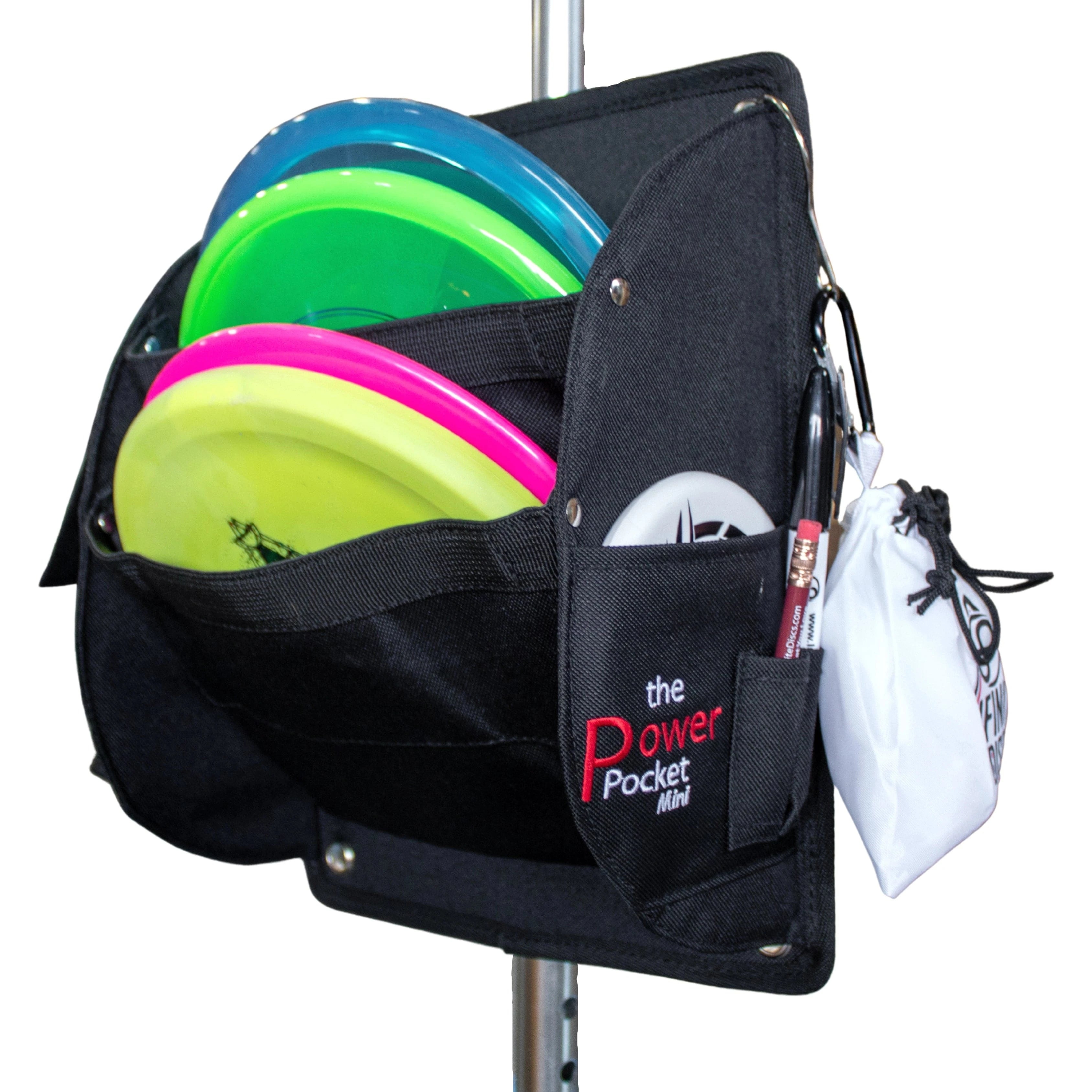 Black disc golf bag with colorful discs.