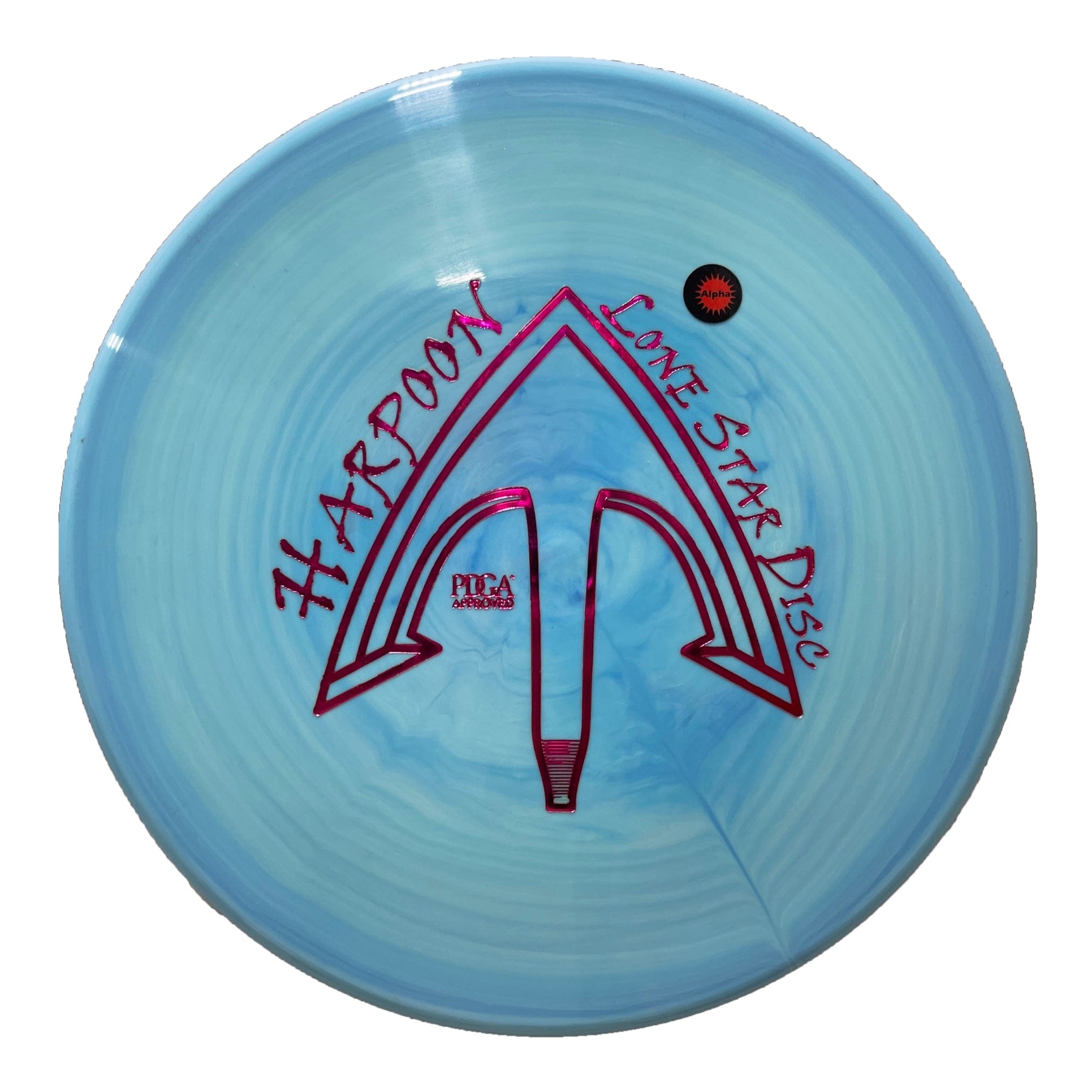 Blue disc golf disc with red Harpoon logo.