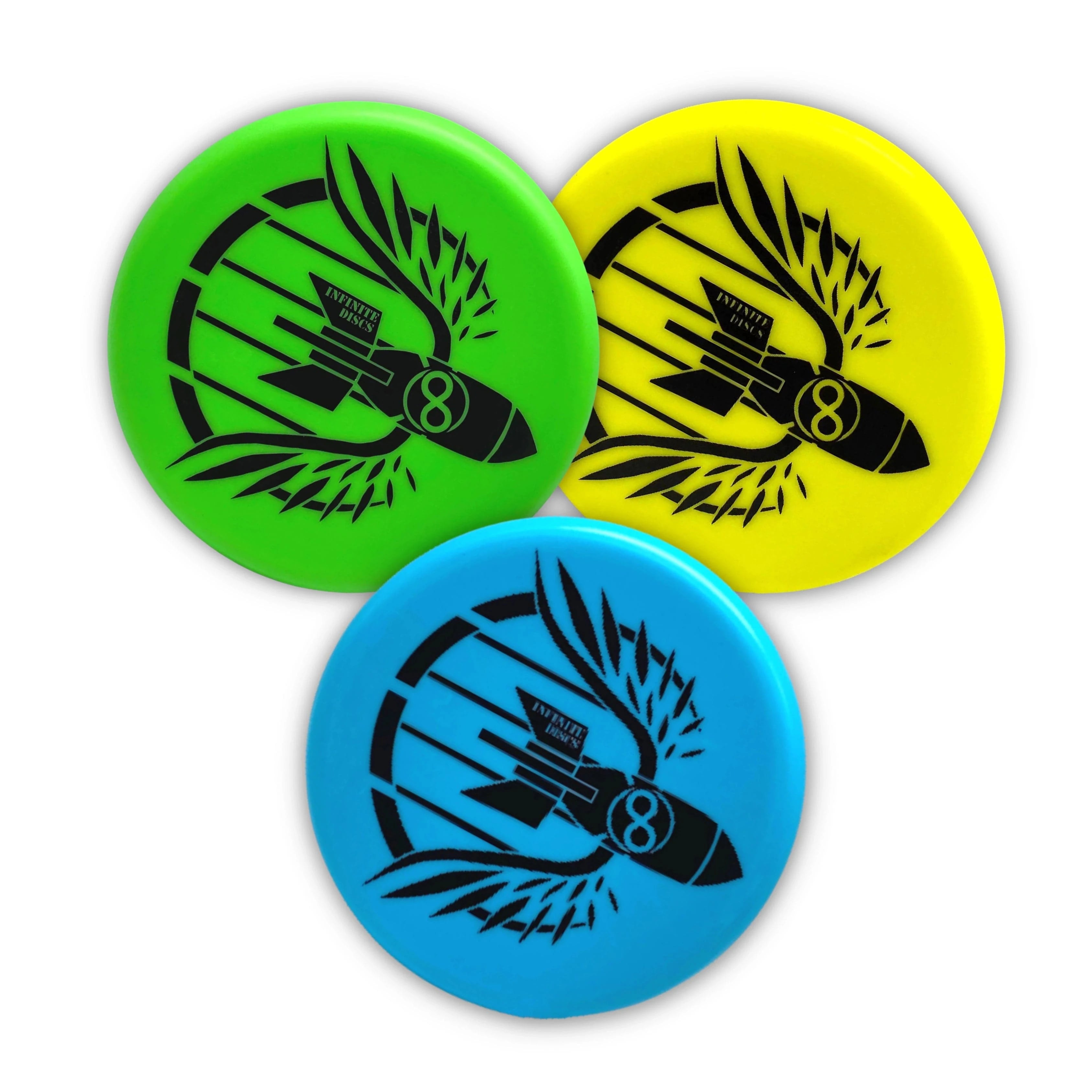 Three colorful disc golf discs with winged bomb logo.