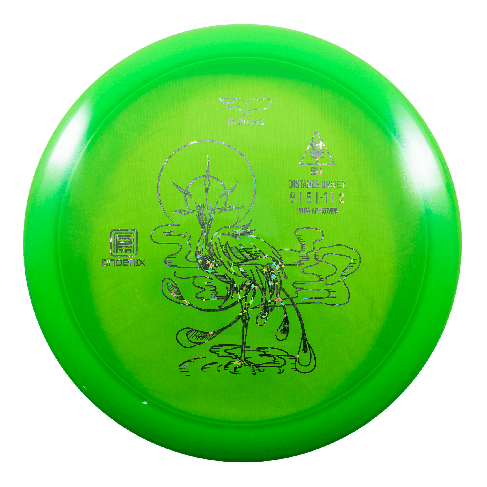 Green disc golf disc with phoenix design