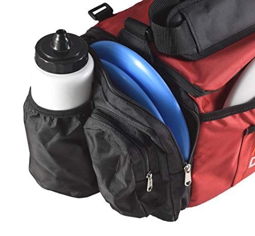 Disc golf bag with discs and water bottle