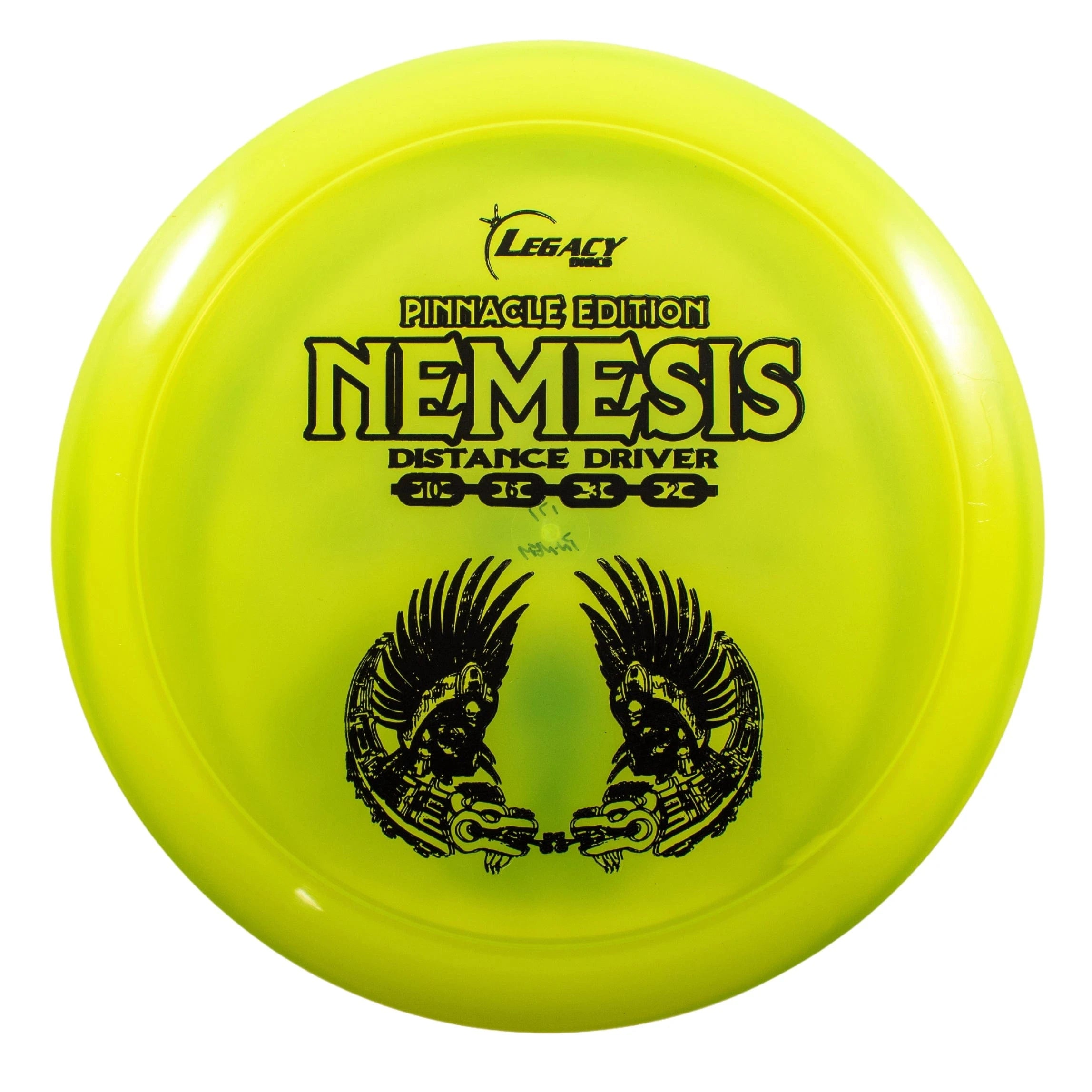 Yellow disc golf disc with Nemesis text and eagle graphic.