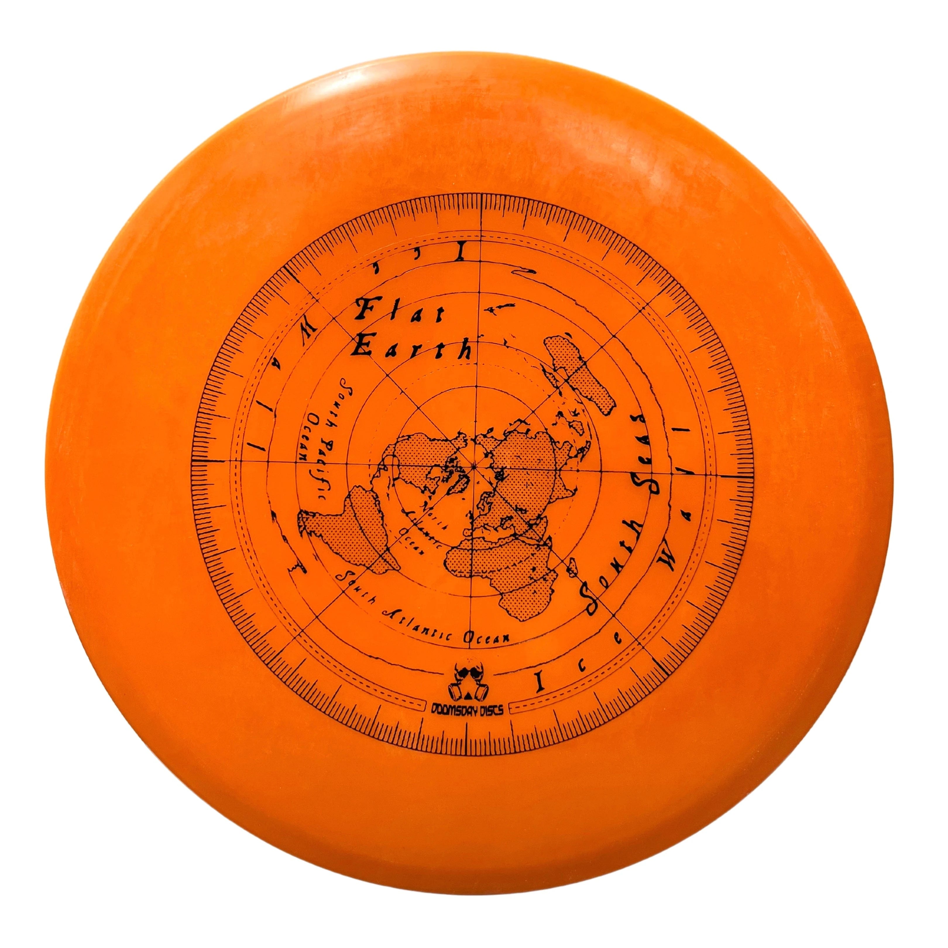 Orange disc golf disc with a flat earth map.