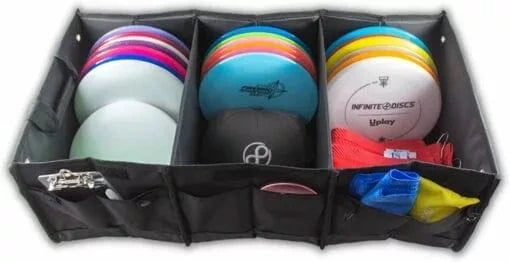 Disc golf discs organized in black storage.