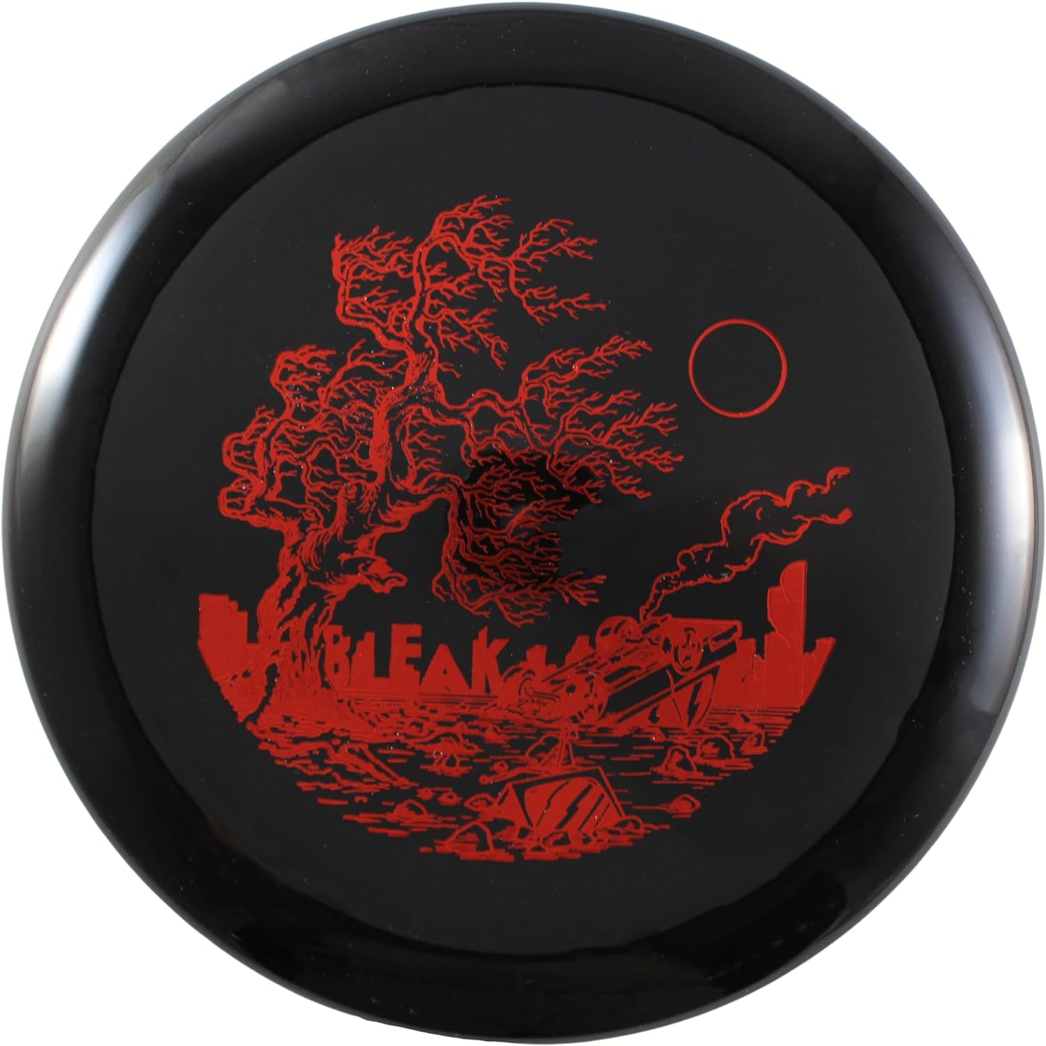 Bleak Survival disc with red tree, black background.
