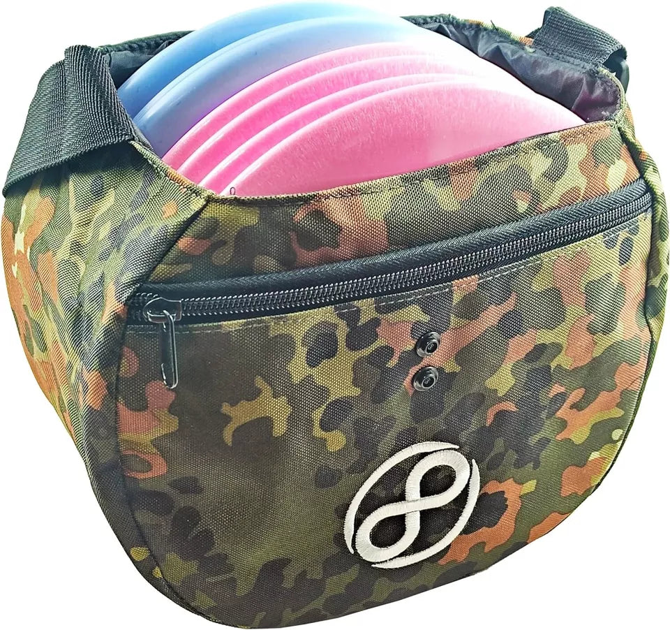 Camo disc golf bag with discs