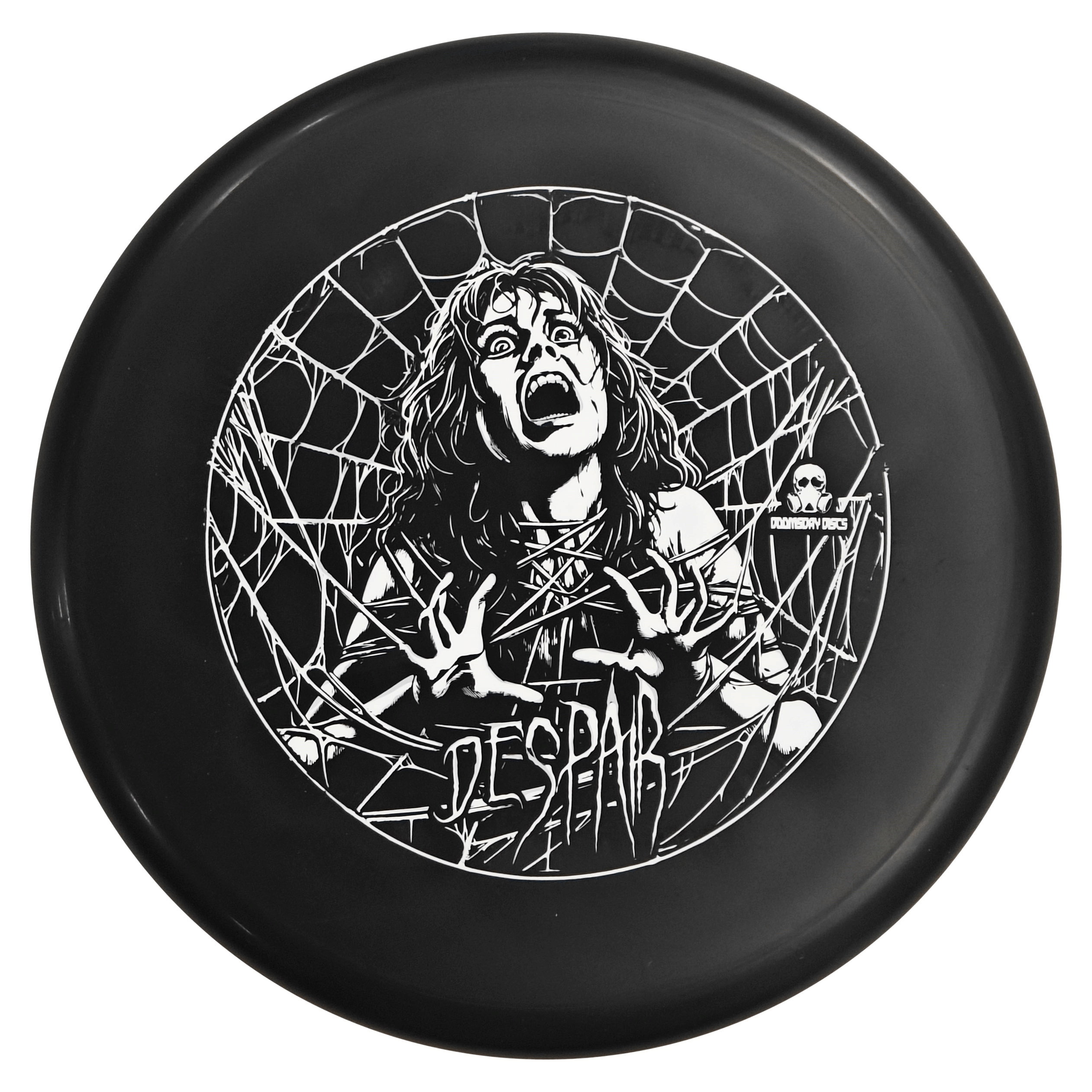 Black Despair disc with screaming woman trapped in a web.