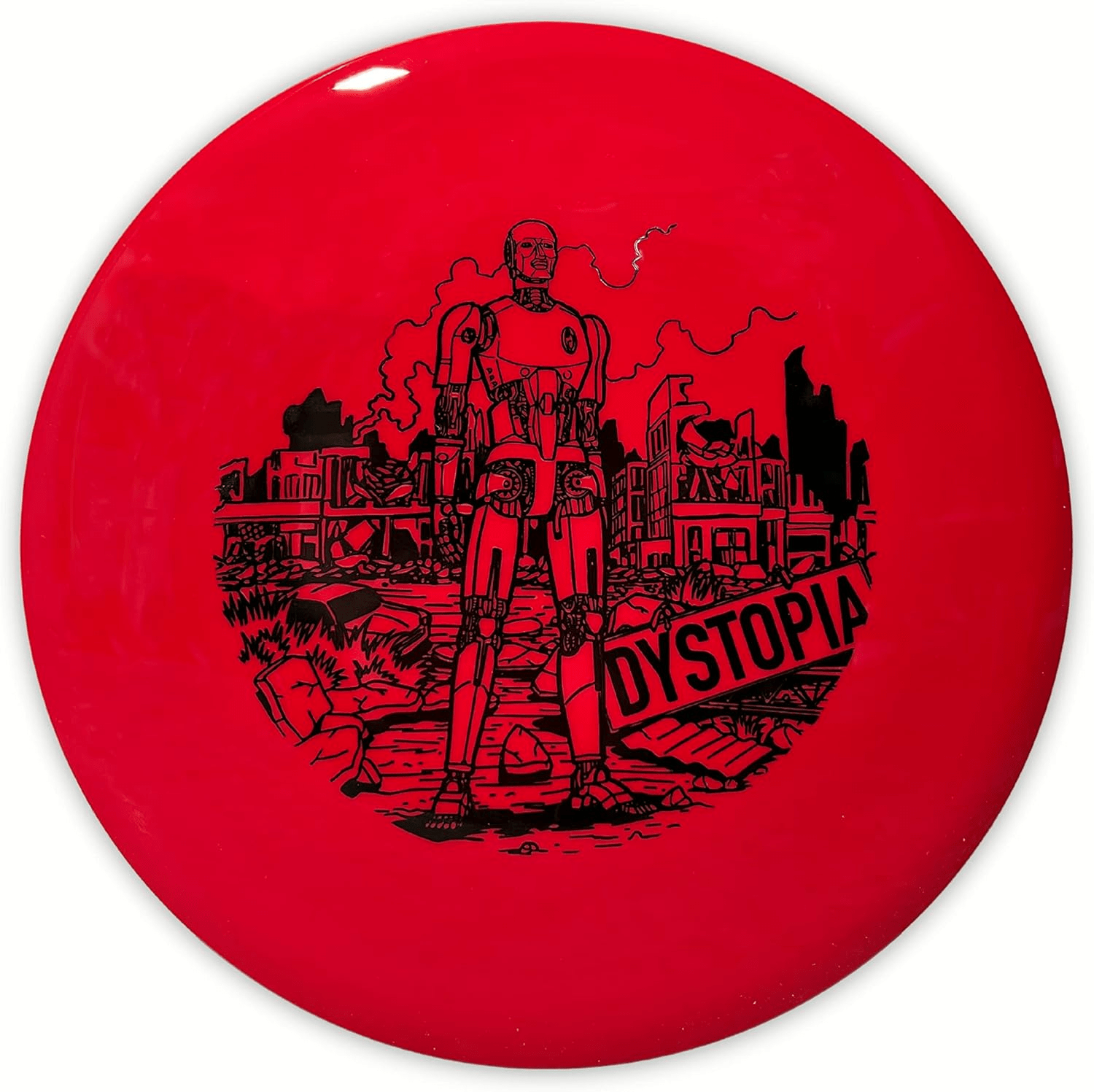 Red Dystopia disc golf disc with robot and ruined city graphic.