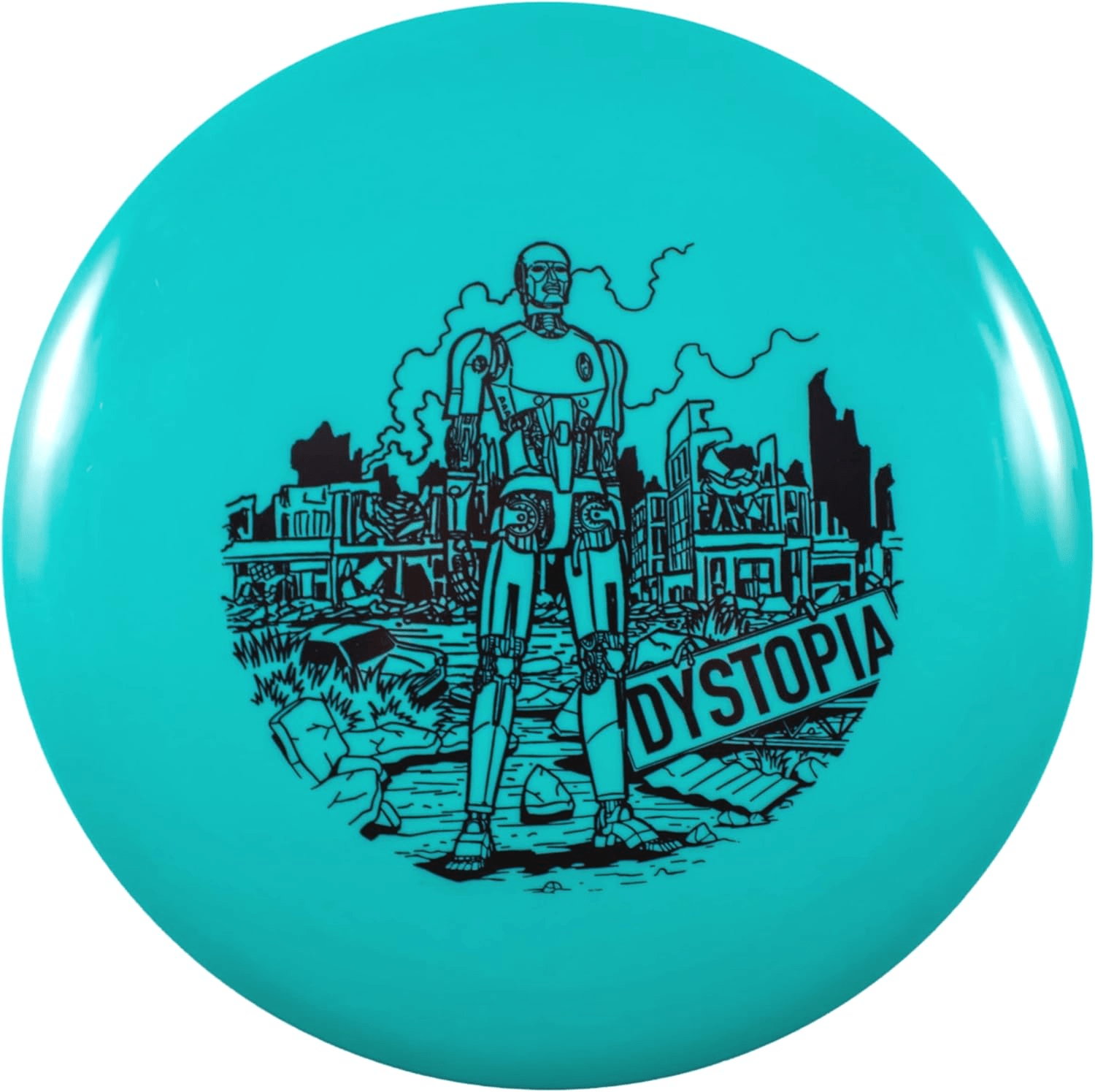 Seafoam Dystopia disc golf disc with robot and destroyed city