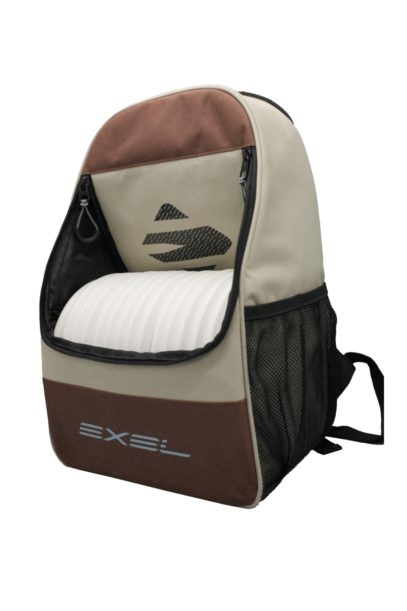 Backpack with discs inside.