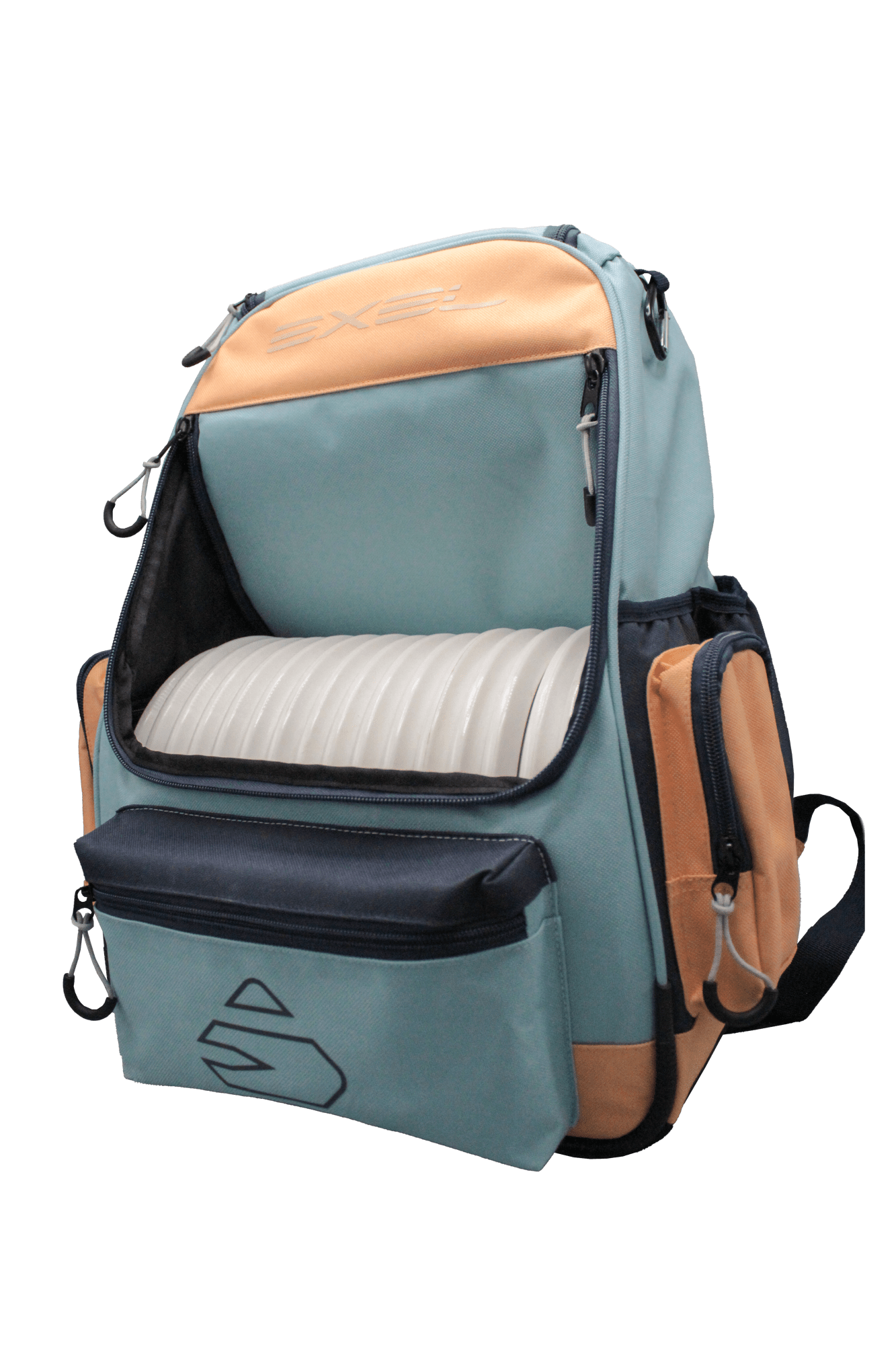 Blue and orange disc golf backpack with discs