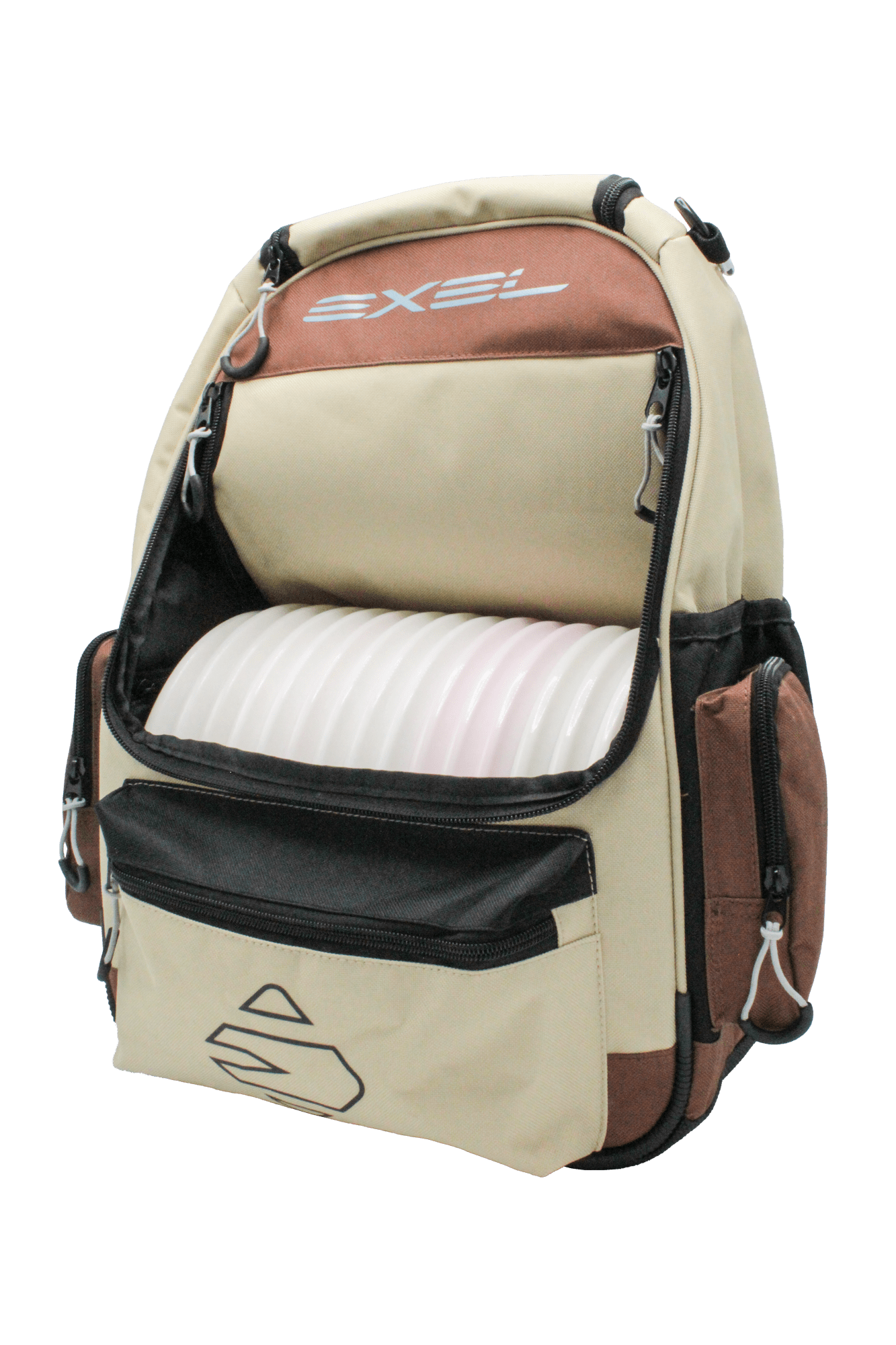 Brown EXEL disc golf bag with discs