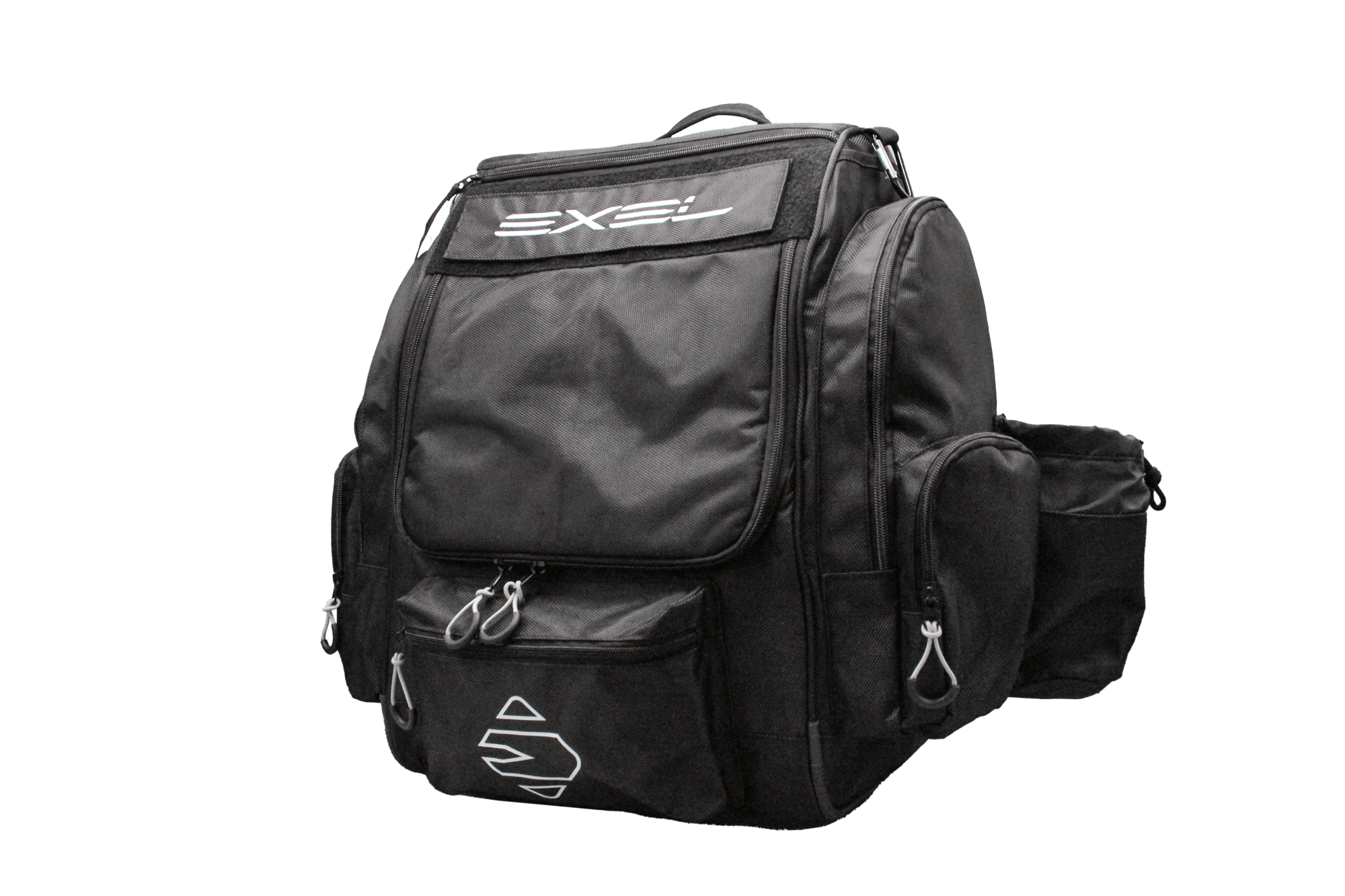 E3 black backpack with white background