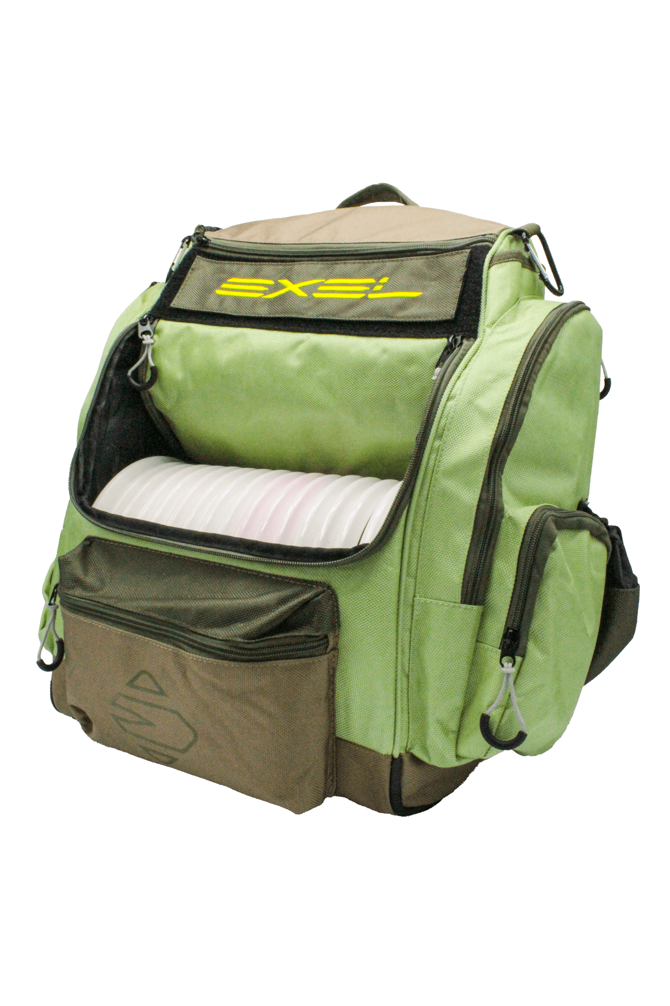 E3 green disc golf bag with discs