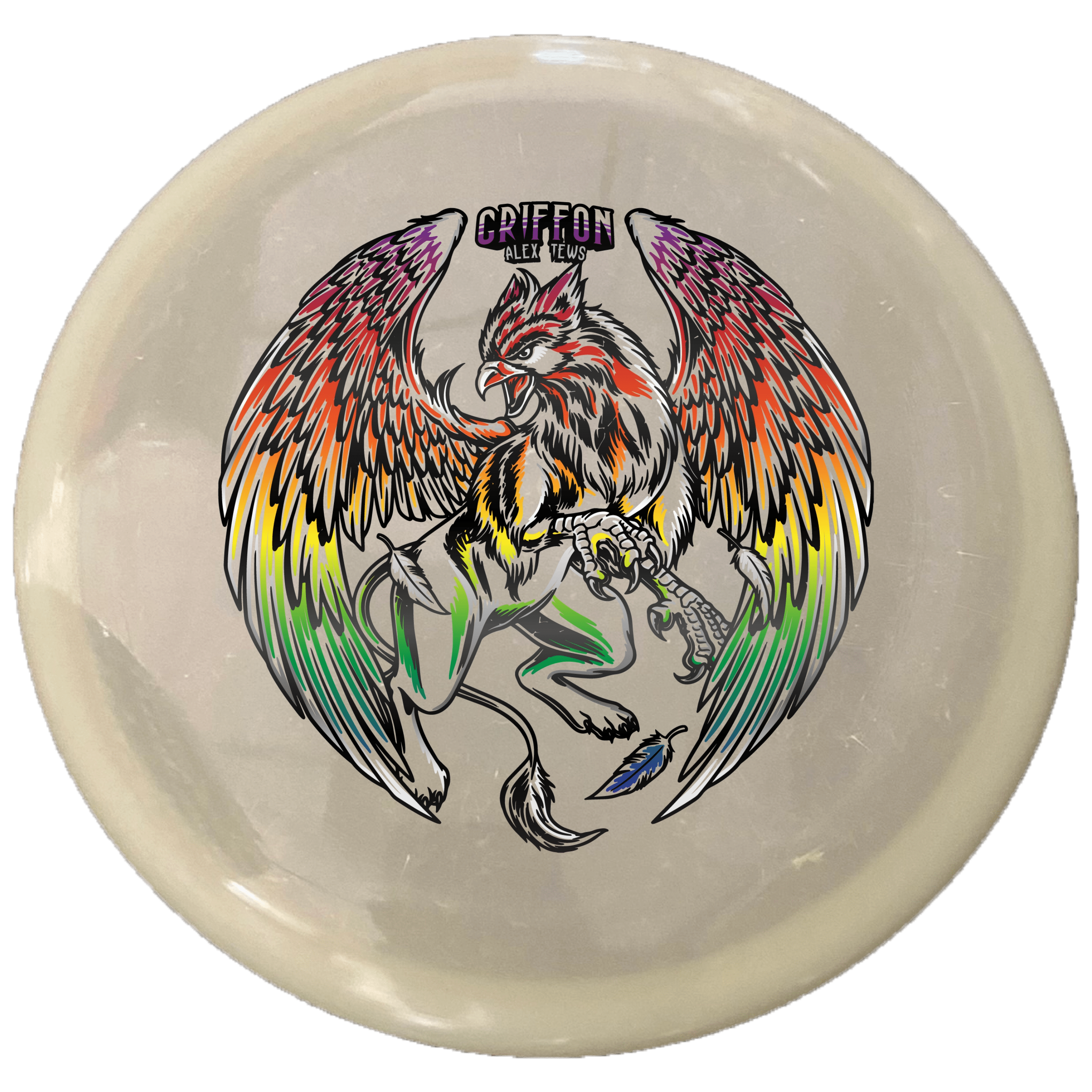 Glow-in-the-dark Griffon disc golf disc with colorful artwork.