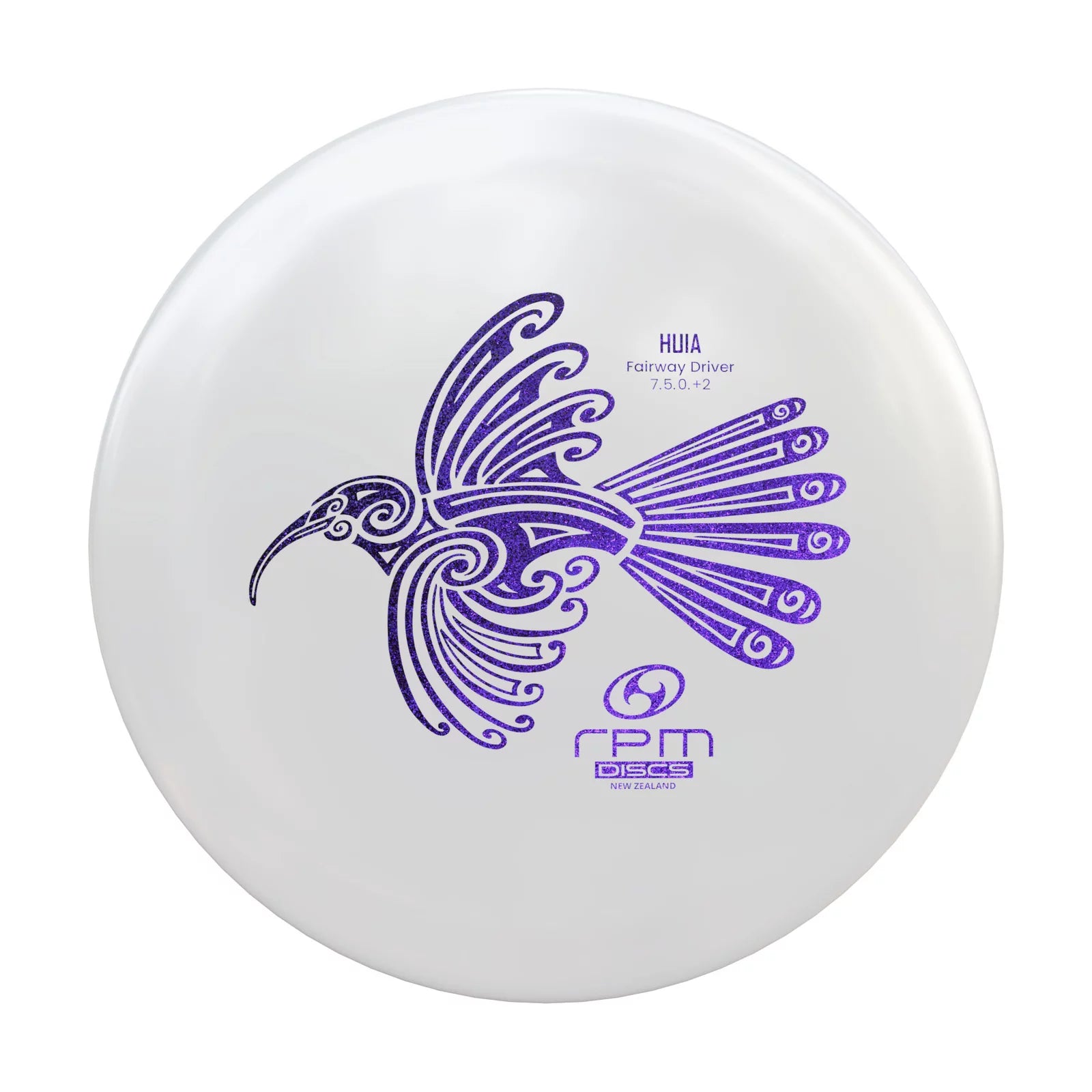 Huia Strata disc golf driver with bird design.