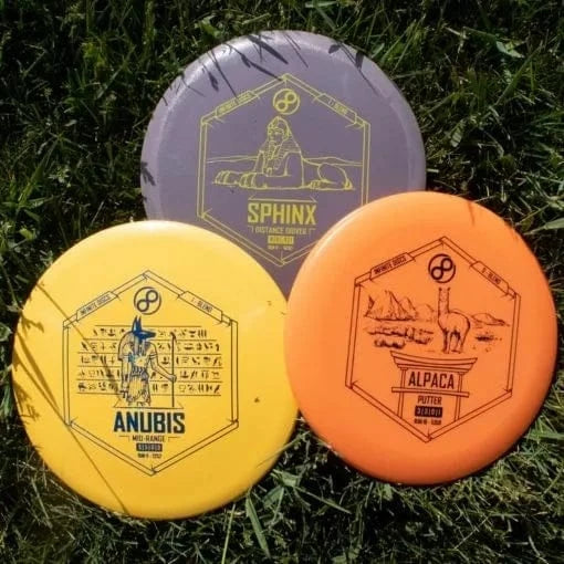 Infinite Discs 3-Disc Starter Set featuring Sphinx, Anubis, and Alpaca discs.