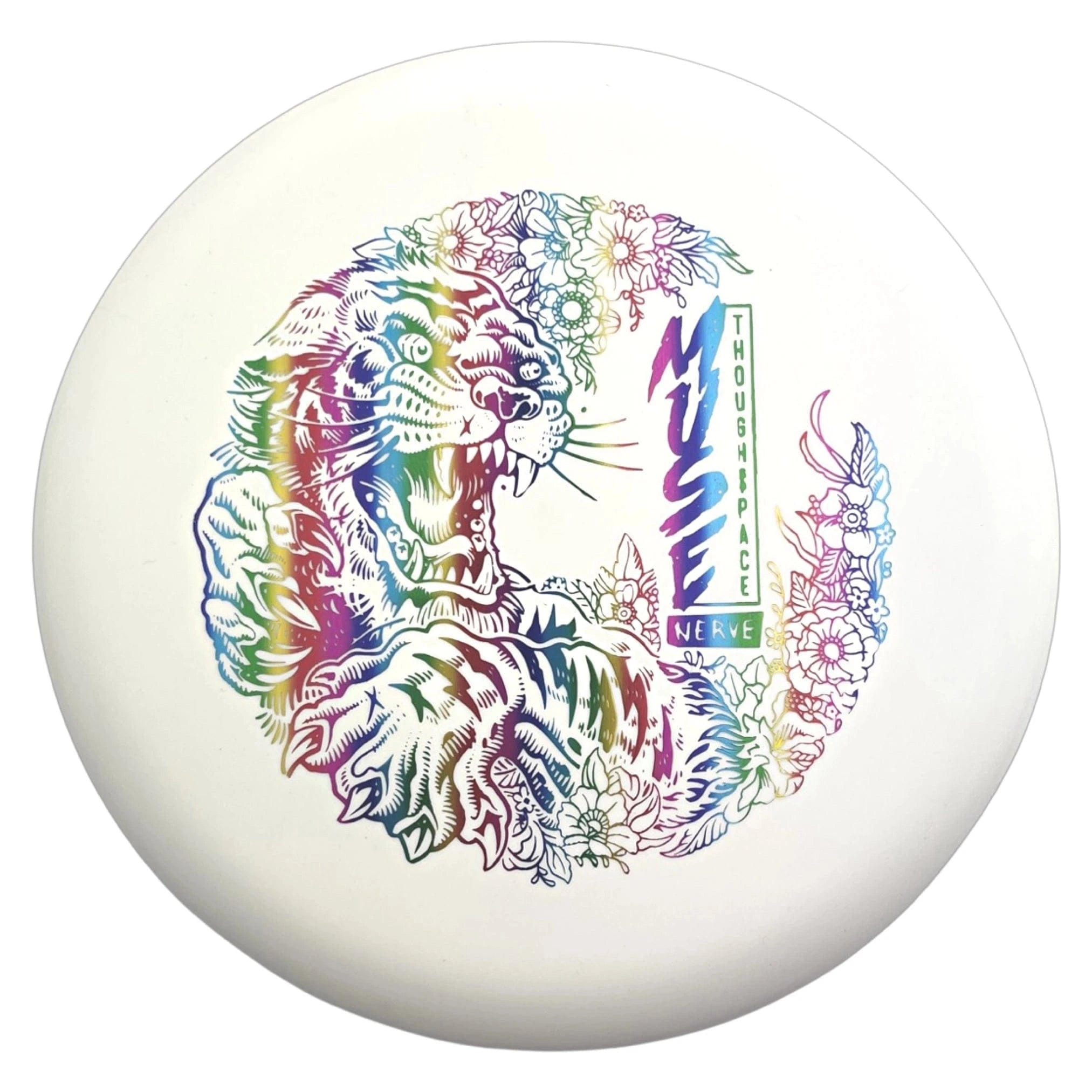 Thought Space Muse Nerve disc with colorful tiger design.