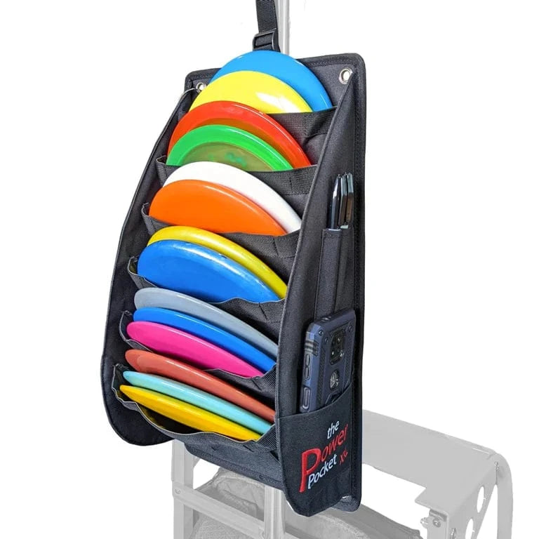 The Power Pocket XXL disc golf bag with discs