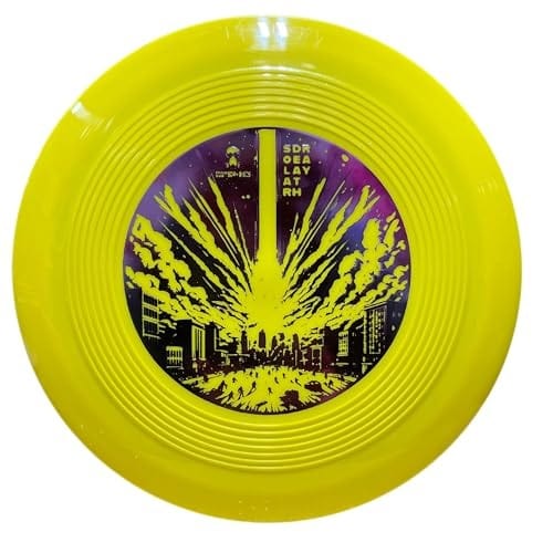 Yellow survival frisbee with cityscape design