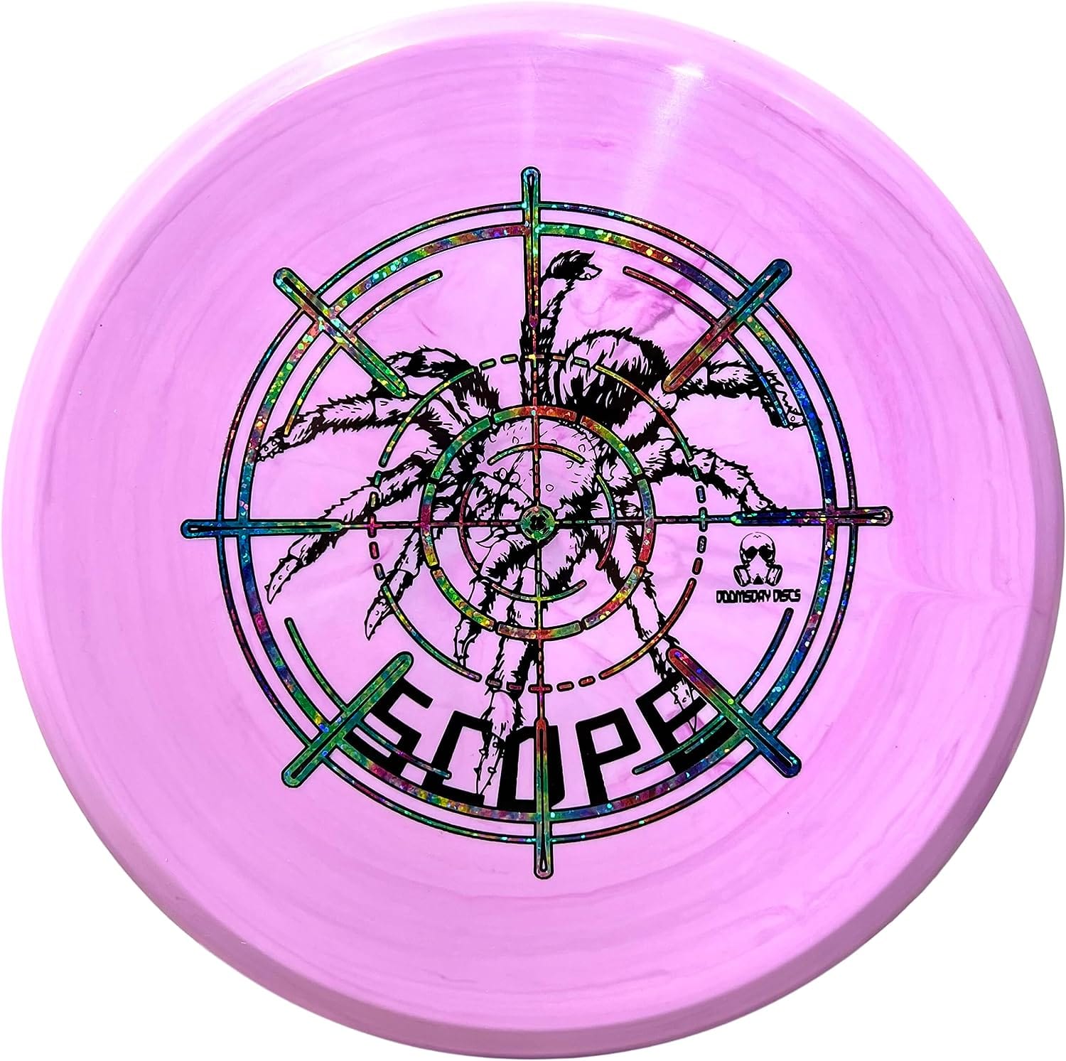 Pink disc golf disc with a spider target design.