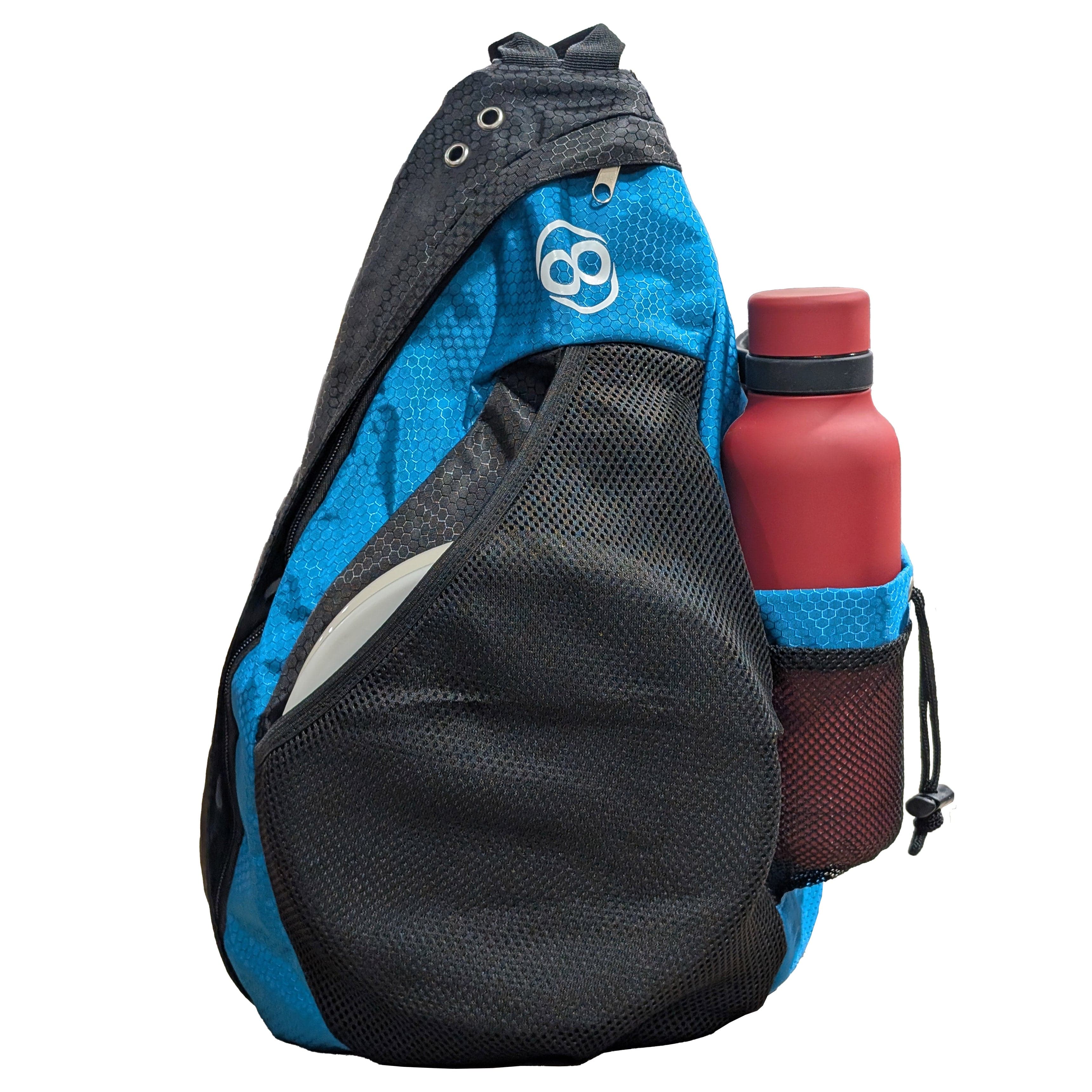 Blue and black sling bag with water bottle.