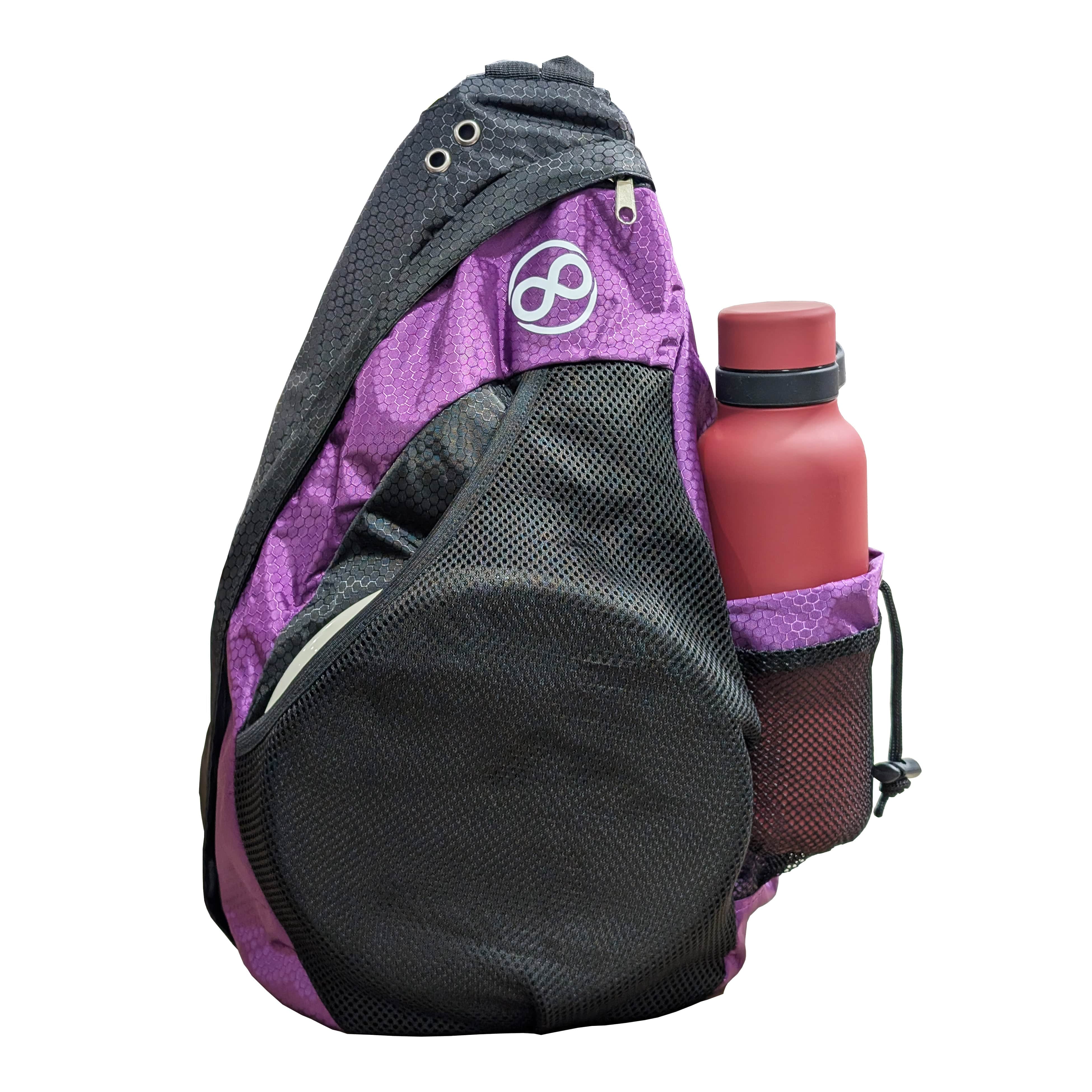 Purple and Black Slinger backpack with water bottle
