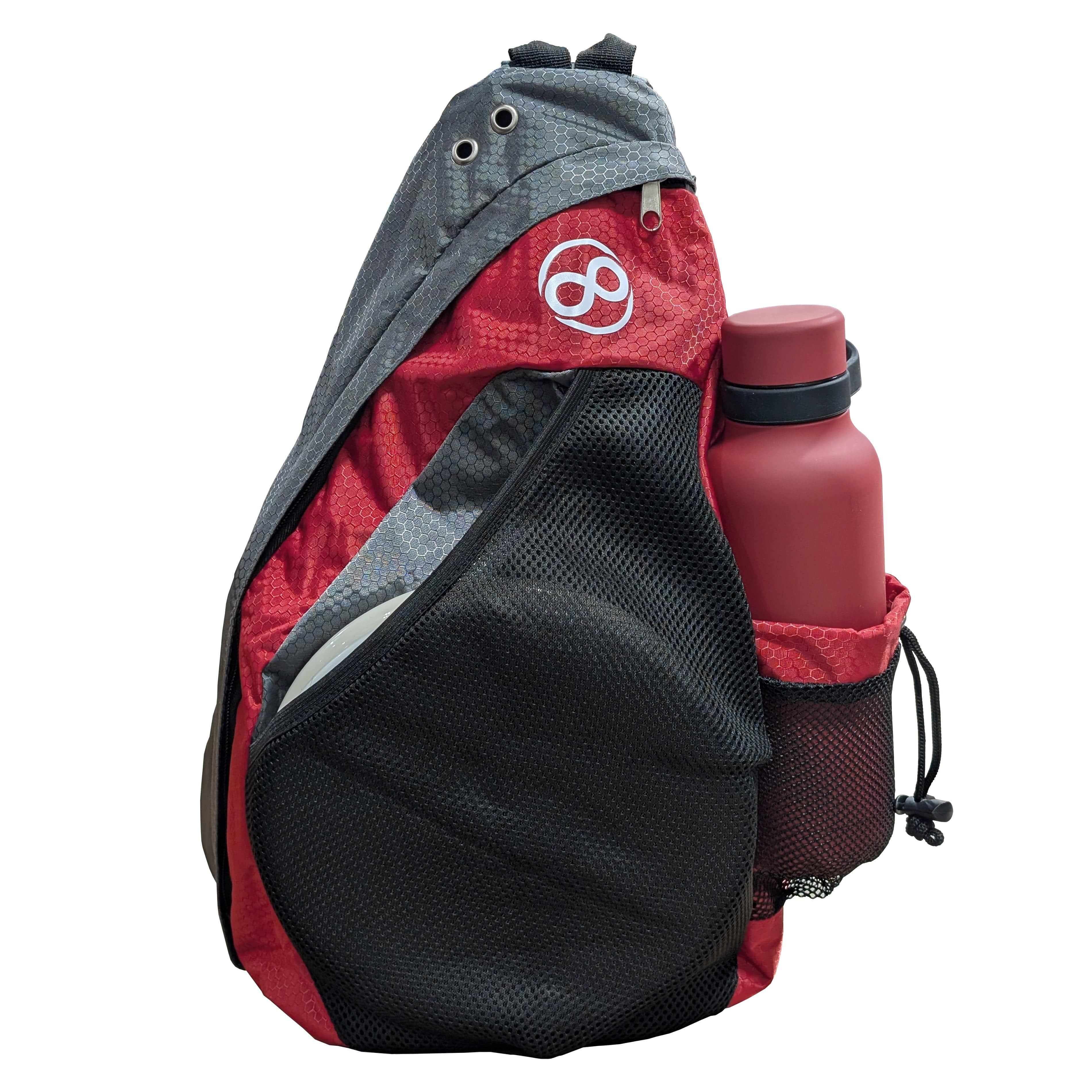 Red and gray sling bag with water bottle, closed.