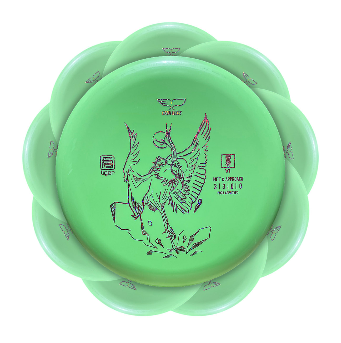 Green disc golf discs in a pack