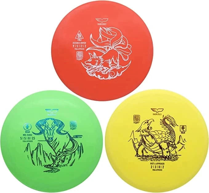 YK-DS-3TG disc golf discs, red, green, and yellow