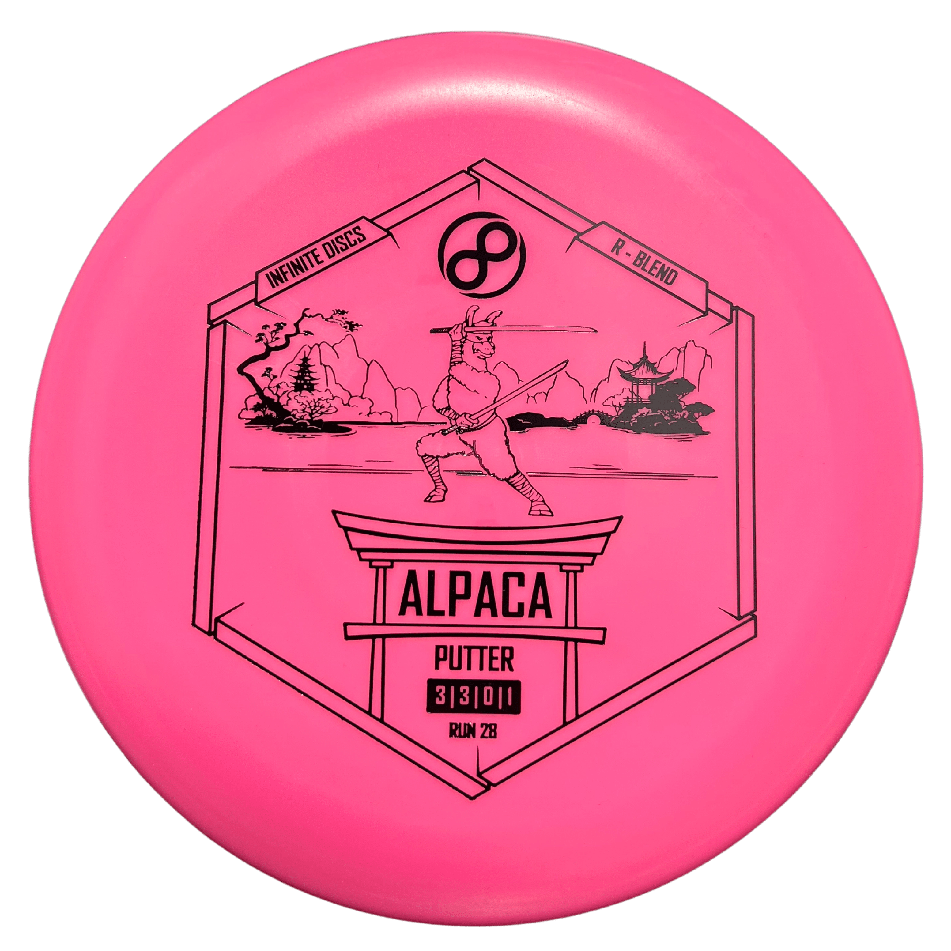 Pink Alpaca R-Blend disc golf putter on white background