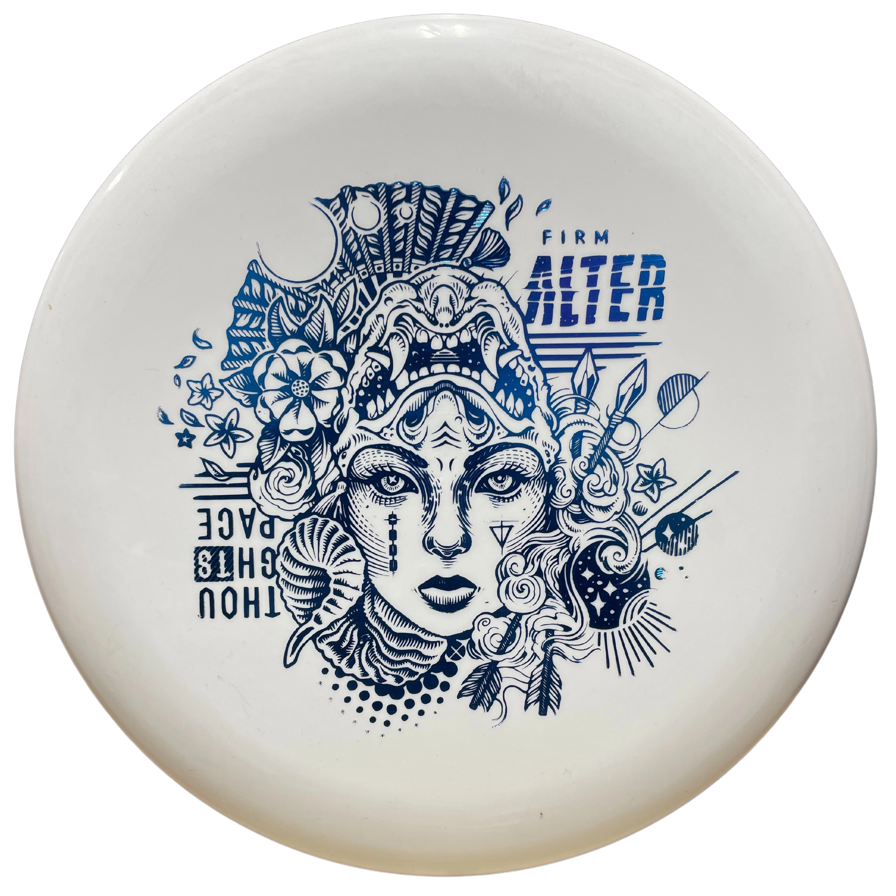 White Firm Alter disc golf disc with art.