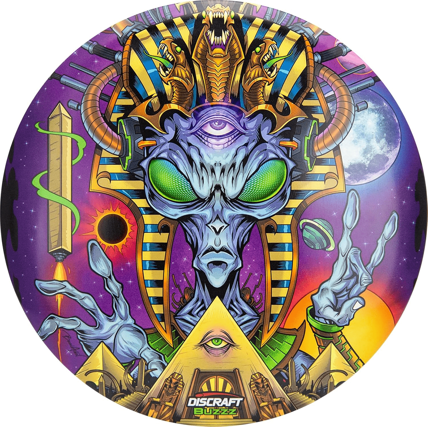 Buzzz Supercolor disc golf disc with alien Pharaoh art