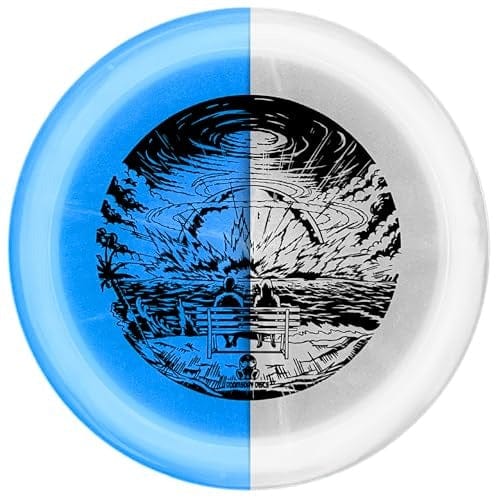 Blue glowing disc golf disc depicting cataclysmic scene.